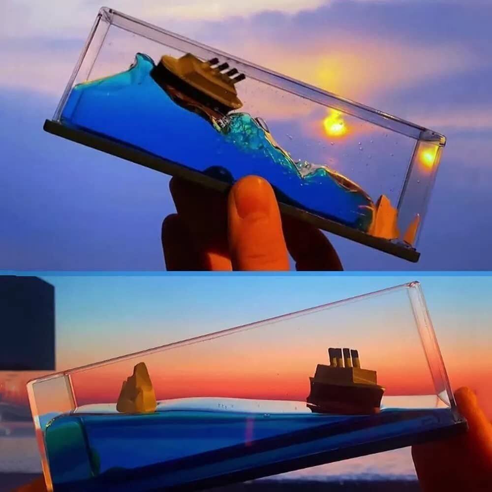 Titanic Liquid Wave Ship - Acrylic & Resin Material, 10x12x5 Cm | Leak-proof Design, Stress Relief, Unbreakable Nautical Showpiece For Home & Office Decor