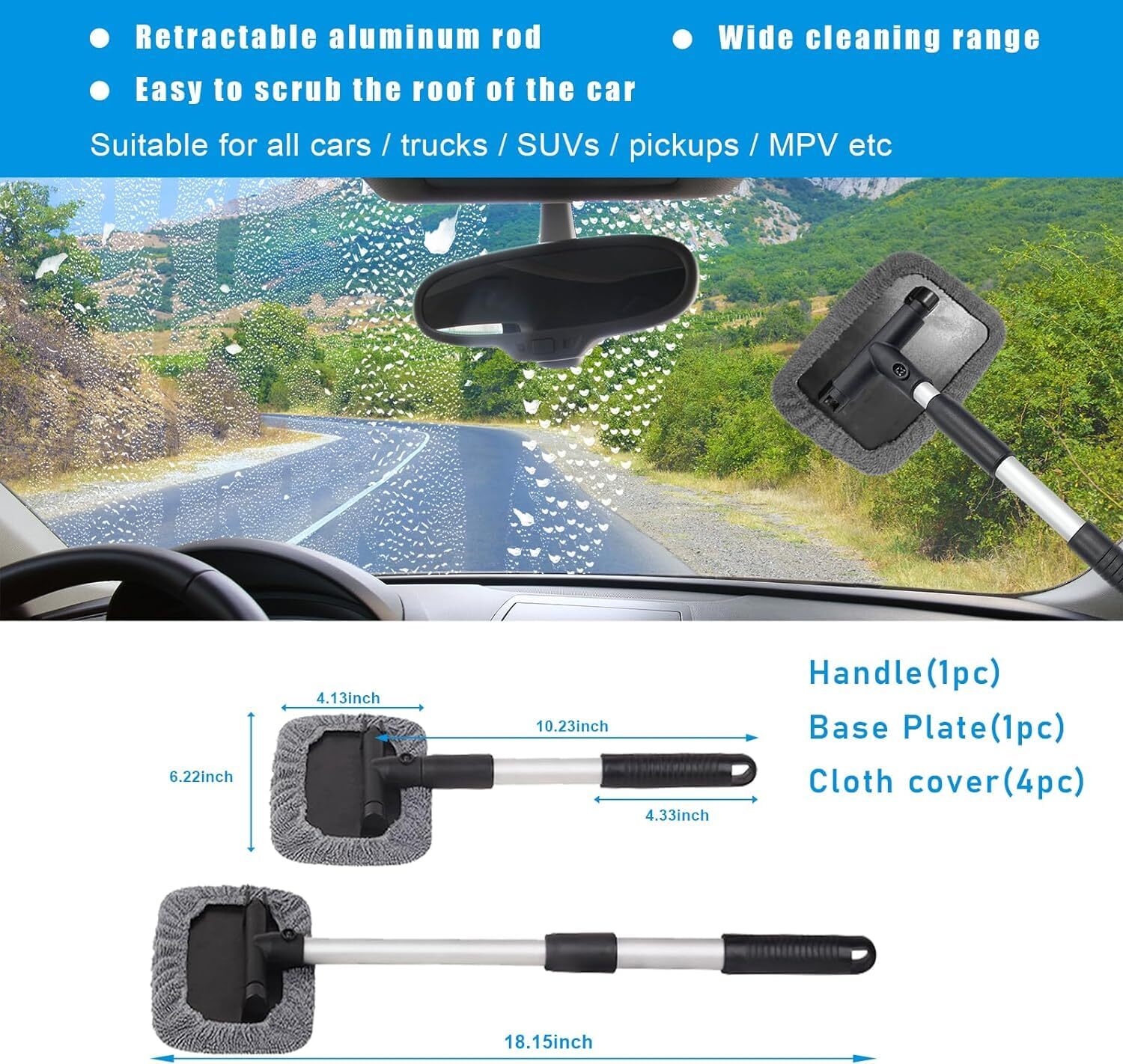 Car Cleaning Mop - Abs Plastic And Aluminum Alloy, 50x40x20 Cm | Retractable Design, Microfiber Cover, Washable And Reusable