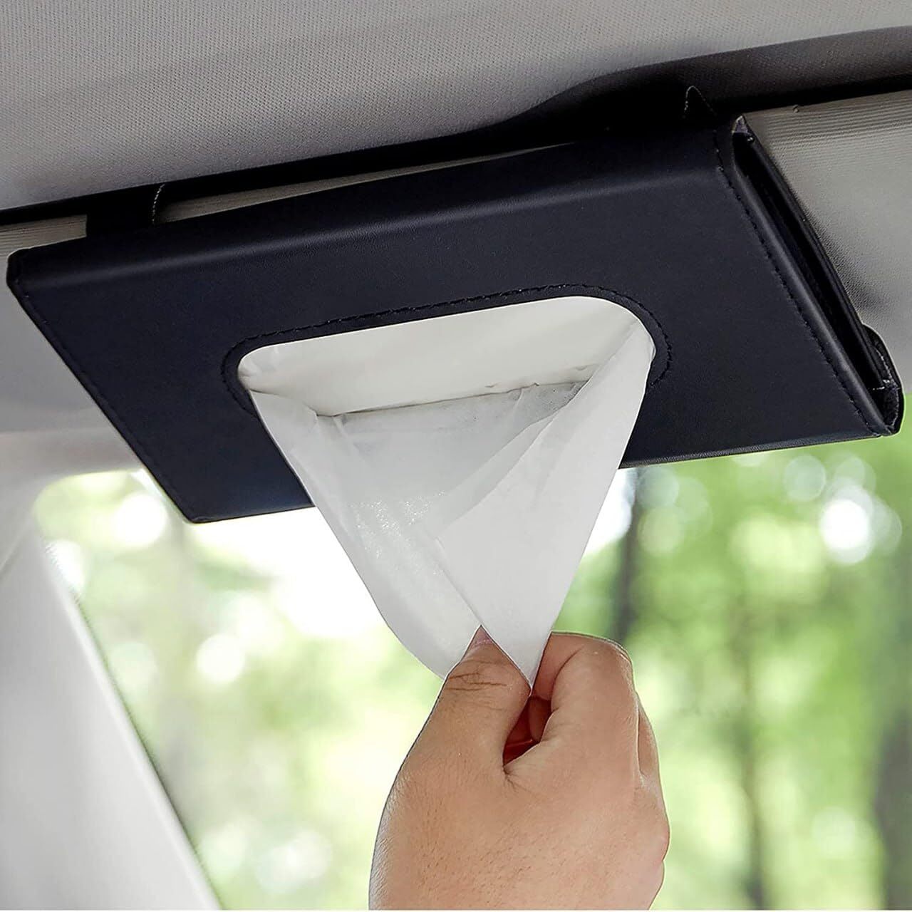 Sun Visor Tissue Holder - Faux Leather, 23x2x14 Cm | Refillable Napkin Holder With Easy Installation, Space-saving Design, Stylish Black Color
