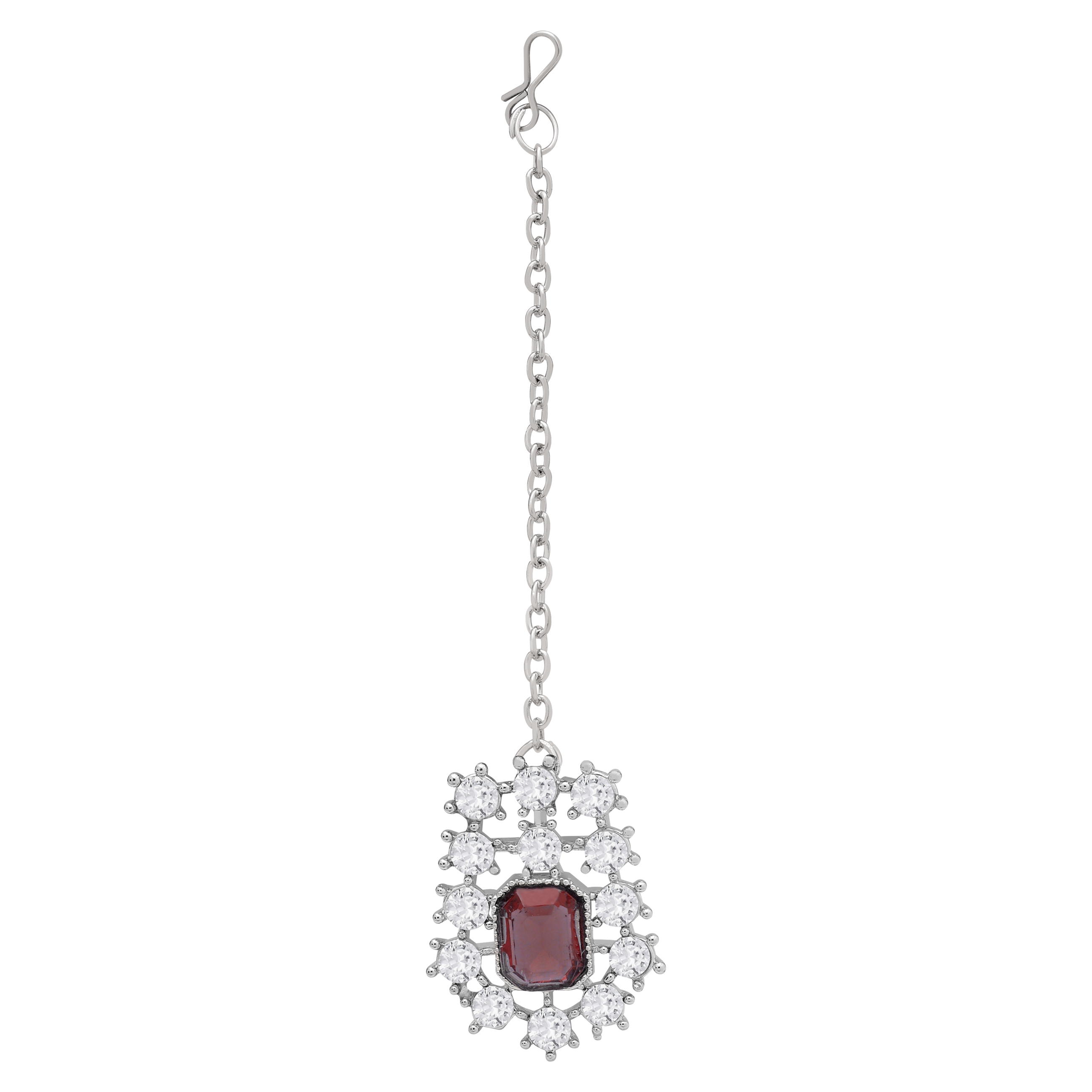 Traditional Jewellery Set - Alloy Material Necklace 22.5x1.5 Cm Earring 5x2 Cm Maangtikka 11x2 Cm | Rani Pink Silver Plated Adjustable Size