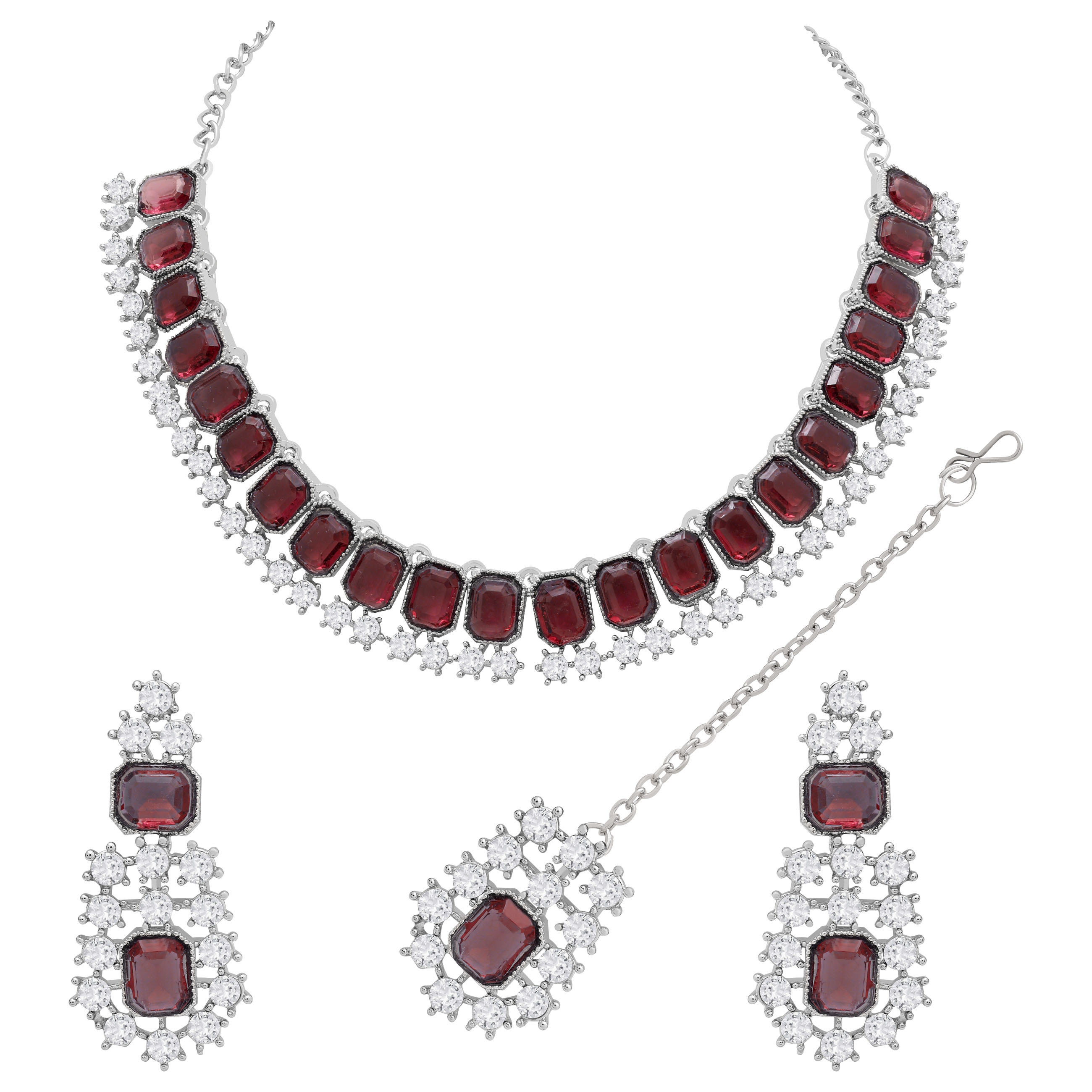 Traditional Jewellery Set - Alloy Material Necklace 22.5x1.5 Cm Earring 5x2 Cm Maangtikka 11x2 Cm | Rani Pink Silver Plated Adjustable Size