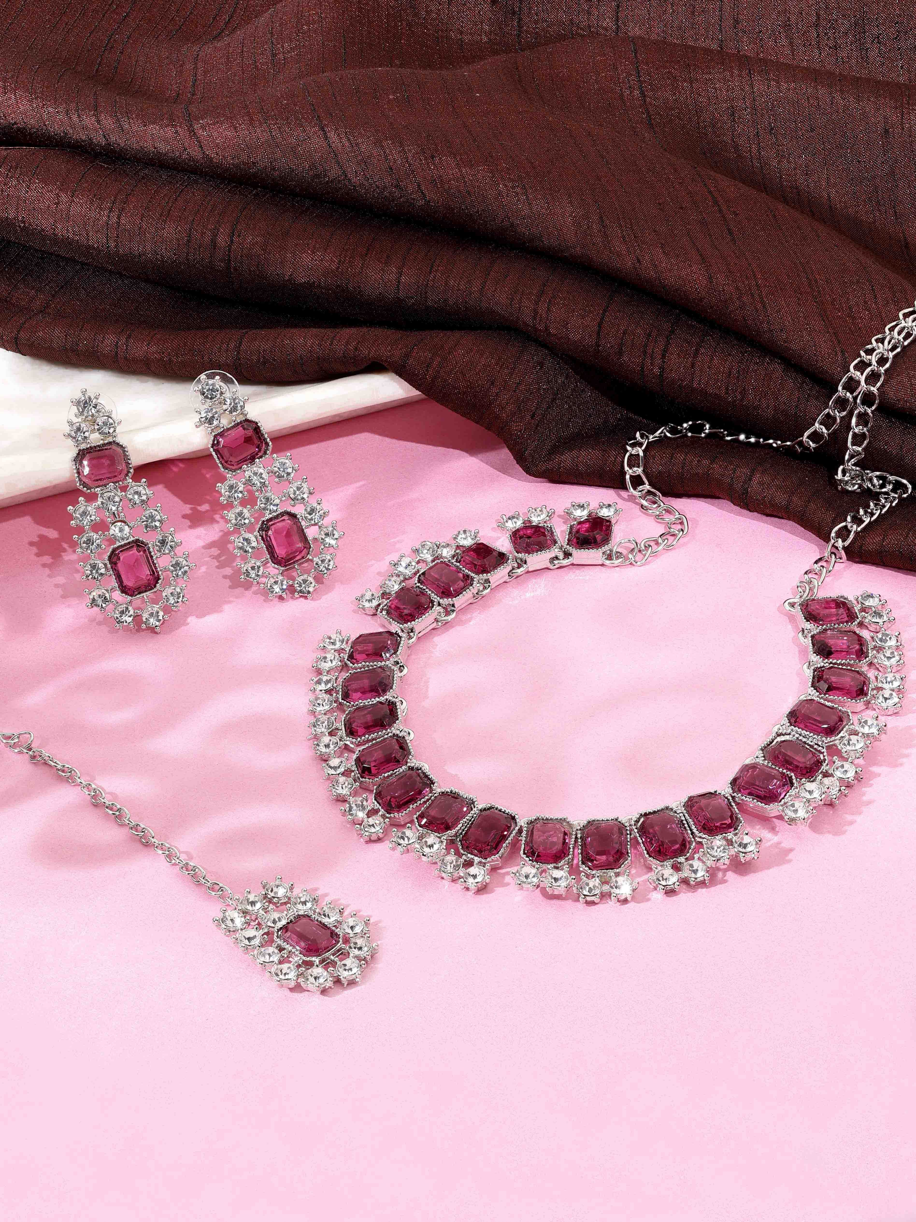 Traditional Jewellery Set - Alloy Material Necklace 22.5x1.5 Cm Earring 5x2 Cm Maangtikka 11x2 Cm | Rani Pink Silver Plated Adjustable Size