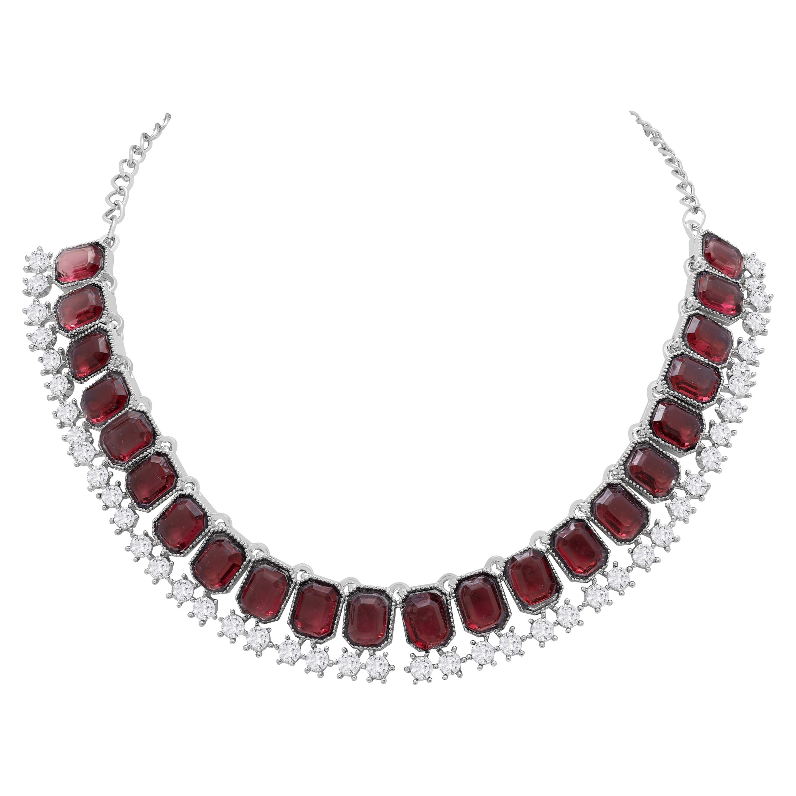 Traditional Jewellery Set - Alloy Material Necklace 22.5x1.5 Cm Earring 5x2 Cm Maangtikka 11x2 Cm | Rani Pink Silver Plated Adjustable Size