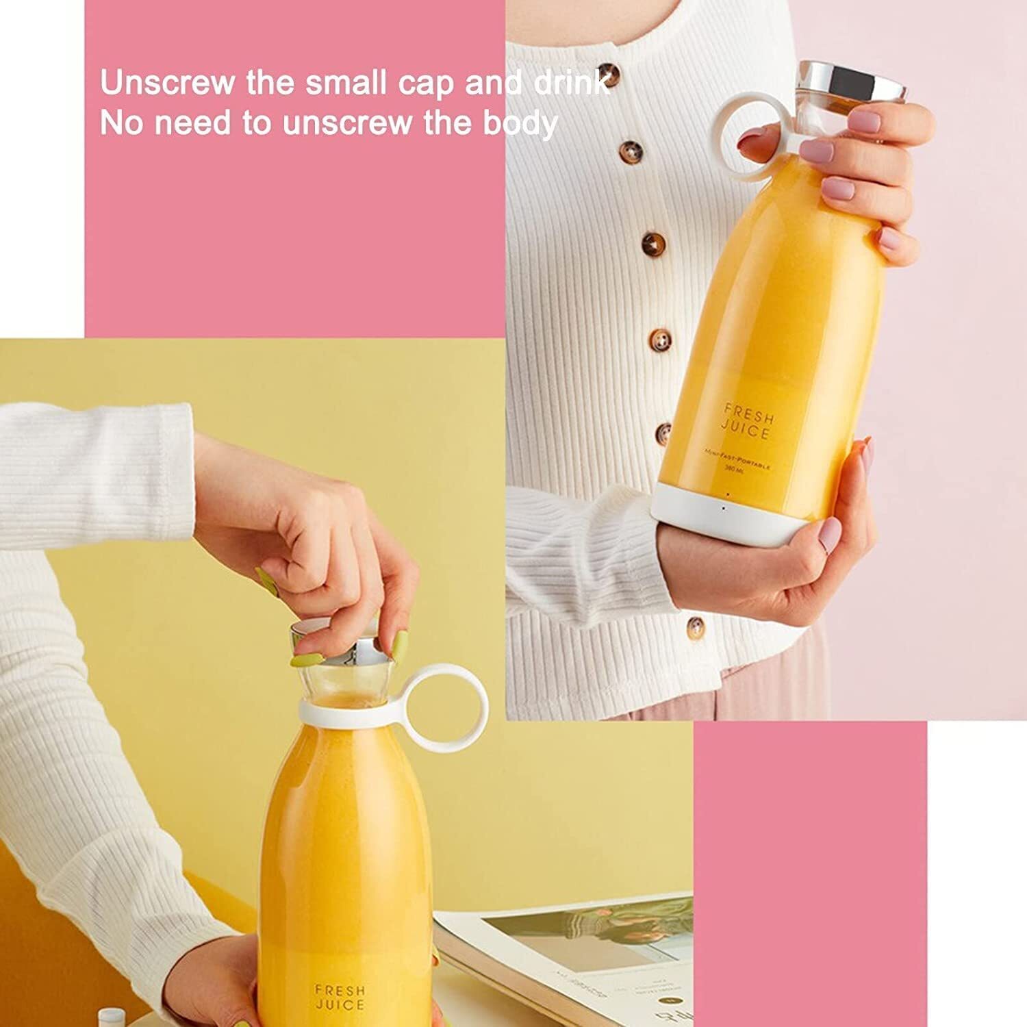 Mini Bottle Shape Juicer - Food Grade Pp & Abs, 8x8x12 Cm | Portable 3 Blade Design, Usb Rechargeable, Easy To Use & Clean, 350ml Capacity