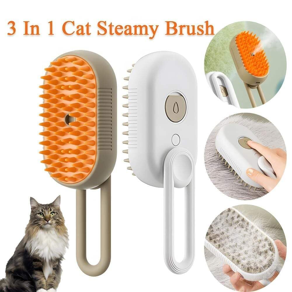 3 In 1 Cat Steam Brush - Silicone 12x6.5x5.5 Cm | Self Cleaning Detangling Massage Suitable For All Hair Types