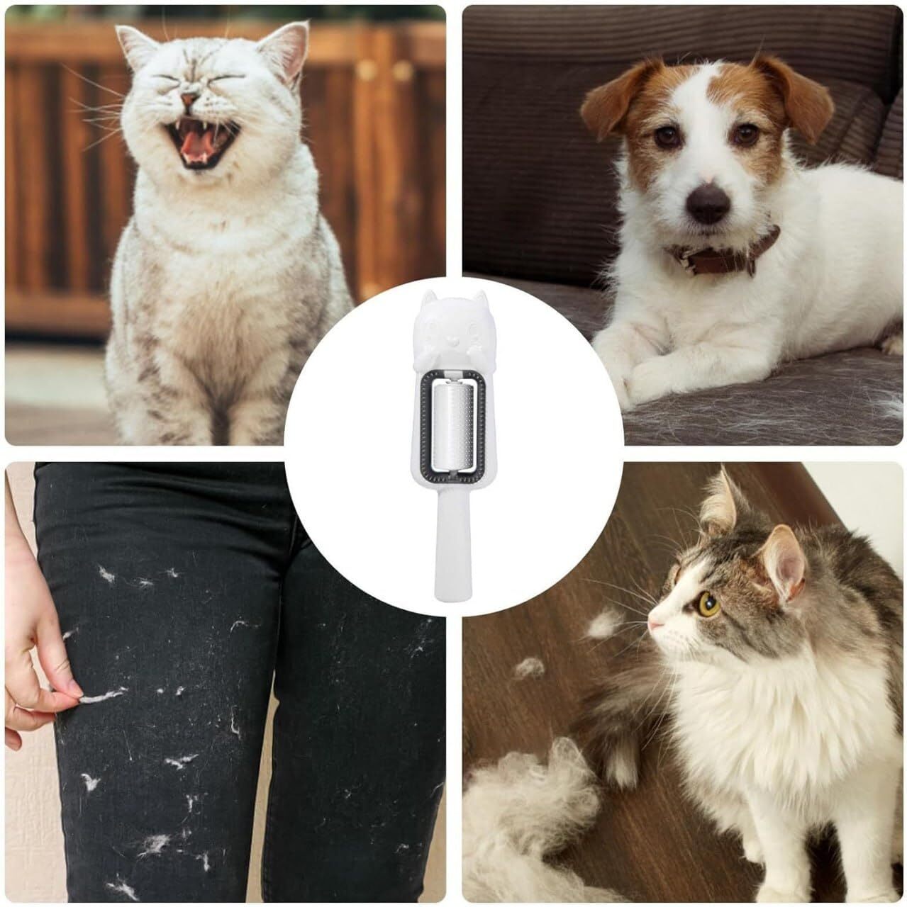 Cat Pattern Pet Fur Remover - Durable, Washable Plastic | 60 Teeth Double Row Comb, Dual Purpose Wet Wipe & Massage Brush For Grooming