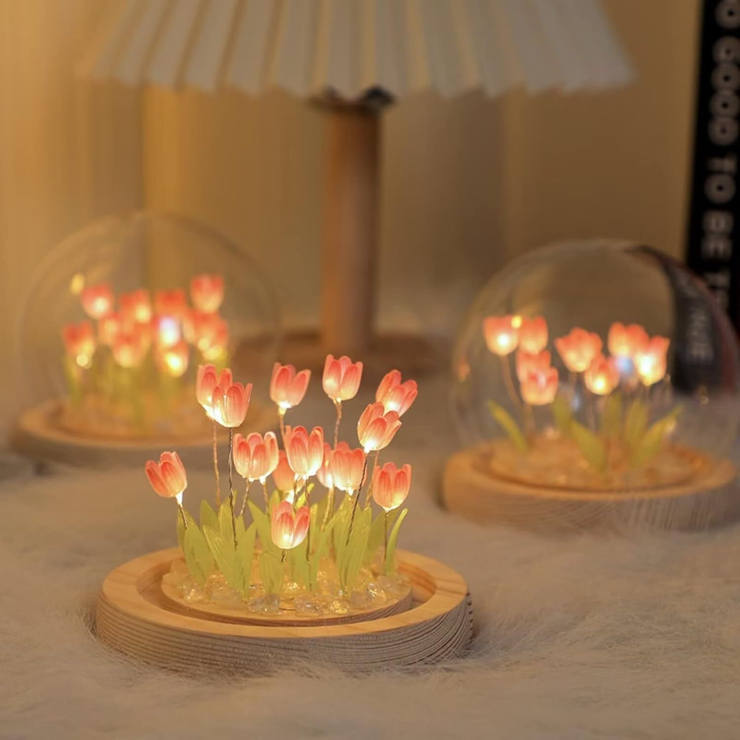 Tulip Night Lamp - Plastic, 50x50x50 Cm, Pink | 16 Flower Shaped Lights, Battery Powered, Handmade, Cozy Atmosphere Desk Ornament