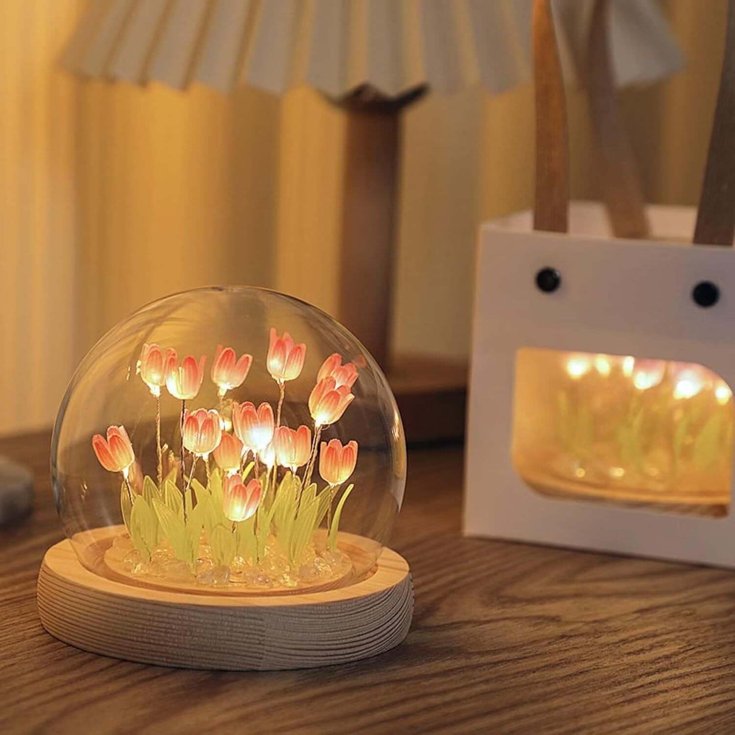 Tulip Night Lamp - Plastic, 50x50x50 Cm, Pink | 16 Flower Shaped Lights, Battery Powered, Handmade, Cozy Atmosphere Desk Ornament