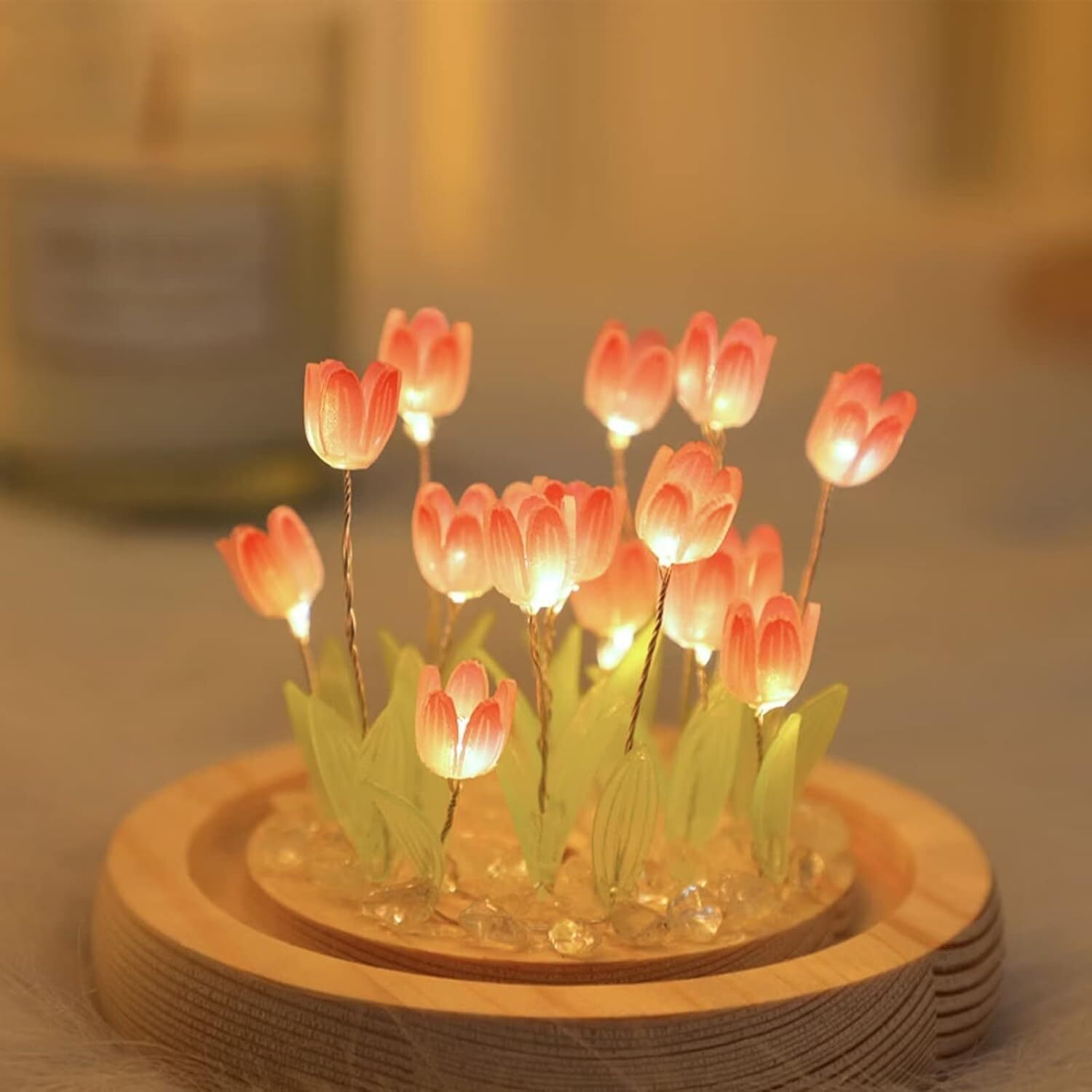 Tulip Night Lamp - Plastic, 50x50x50 Cm, Pink | 16 Flower Shaped Lights, Battery Powered, Handmade, Cozy Atmosphere Desk Ornament