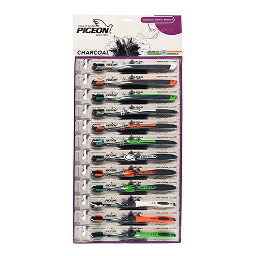 Charcoal Medium Soft Tooth Brush - Durable Plastic Stick, Soft Flexible Synthetic Bristles | Gentle On Gums, Various Color Options