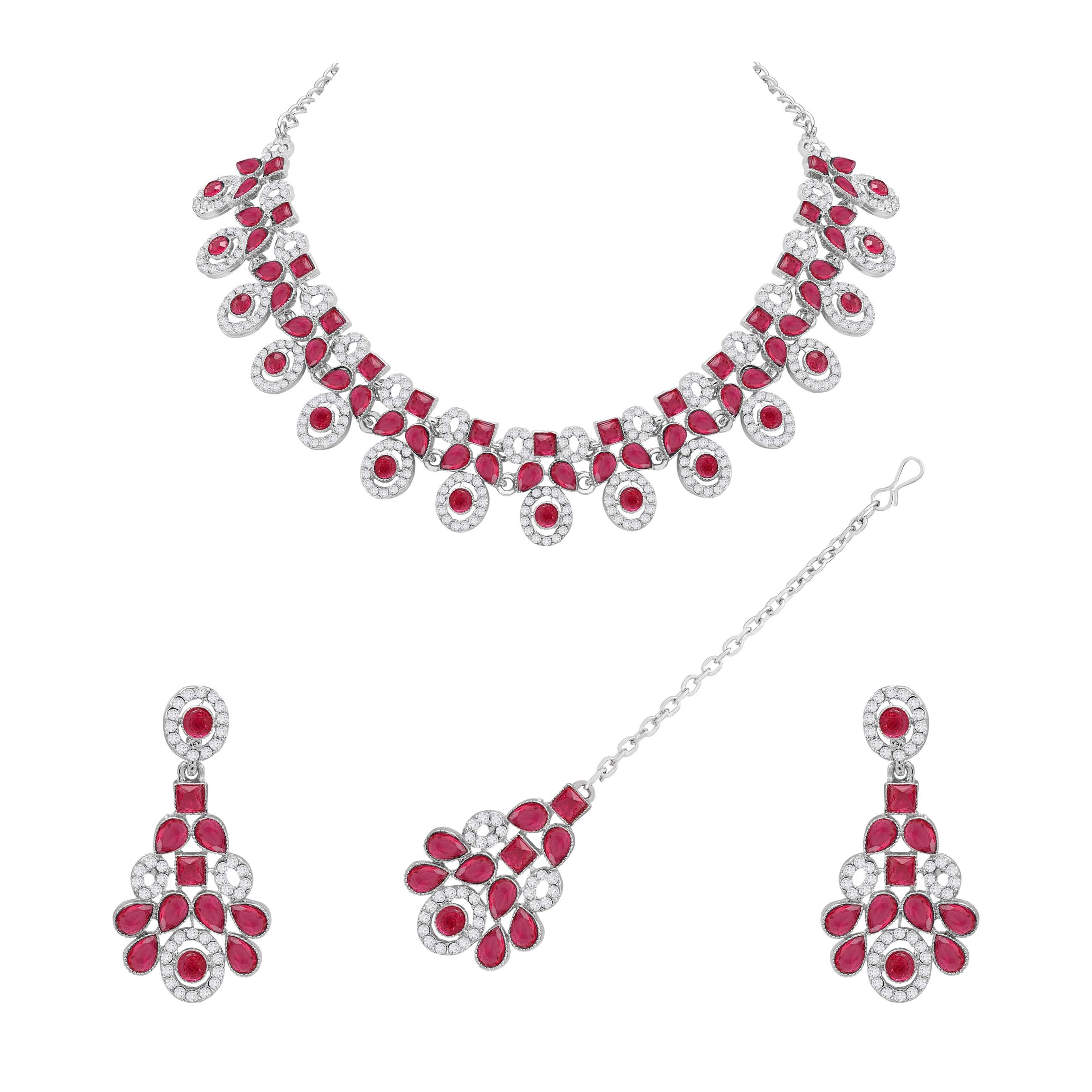 Colorstone Stone Necklace - Alloy, Necklace Length 22 Cm, Width 2.5 Cm | Pink Polished Stones, Silver Plated, Perfect For Parties And Weddings