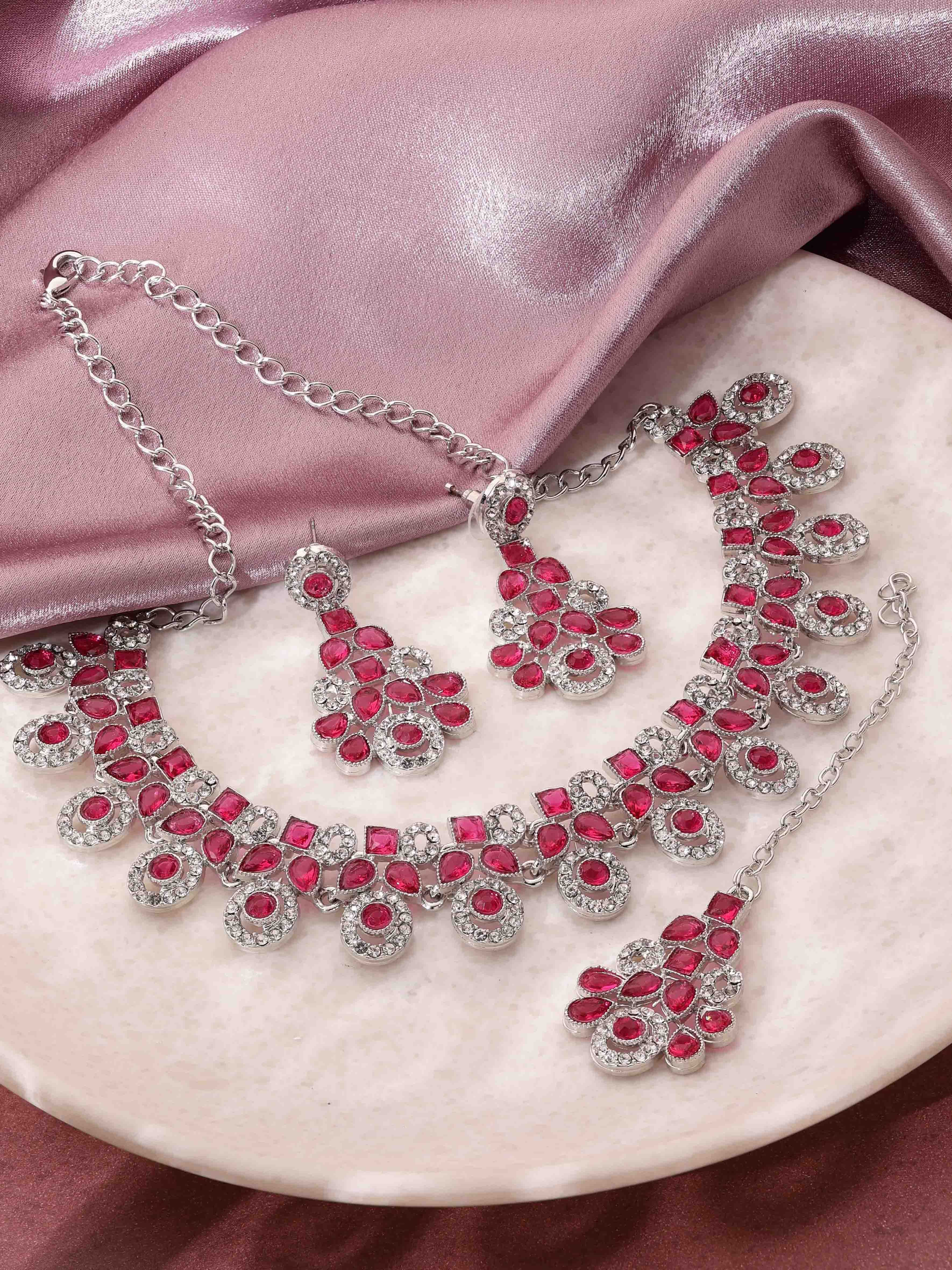 Colorstone Stone Necklace - Alloy, Necklace Length 22 Cm, Width 2.5 Cm | Pink Polished Stones, Silver Plated, Perfect For Parties And Weddings