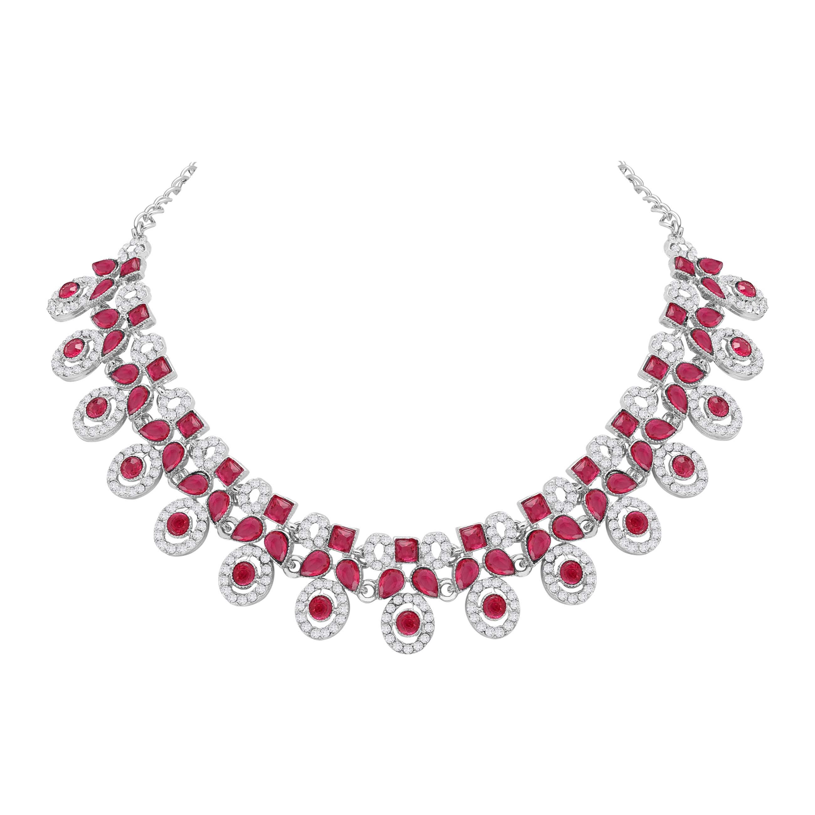 Colorstone Stone Necklace - Alloy, Necklace Length 22 Cm, Width 2.5 Cm | Pink Polished Stones, Silver Plated, Perfect For Parties And Weddings