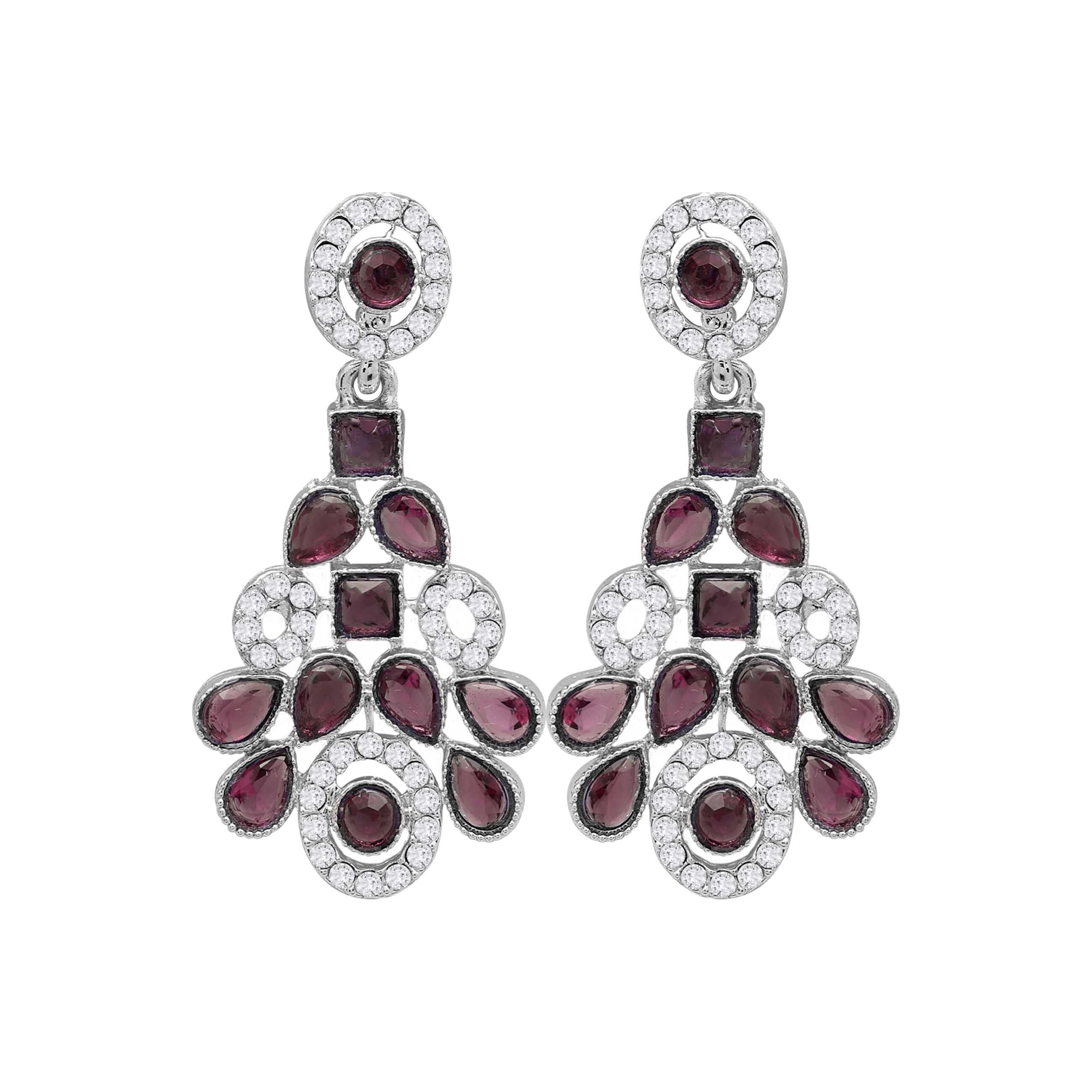 Colorstone Stone Necklace - Alloy, Necklace 22x2.5 Cm, Earrings 5x2.5 Cm, Maangtikka 11.5x2.5 Cm | Rani Pink, Silver Plated, Adjustable, Elegant For Weddings And Parties