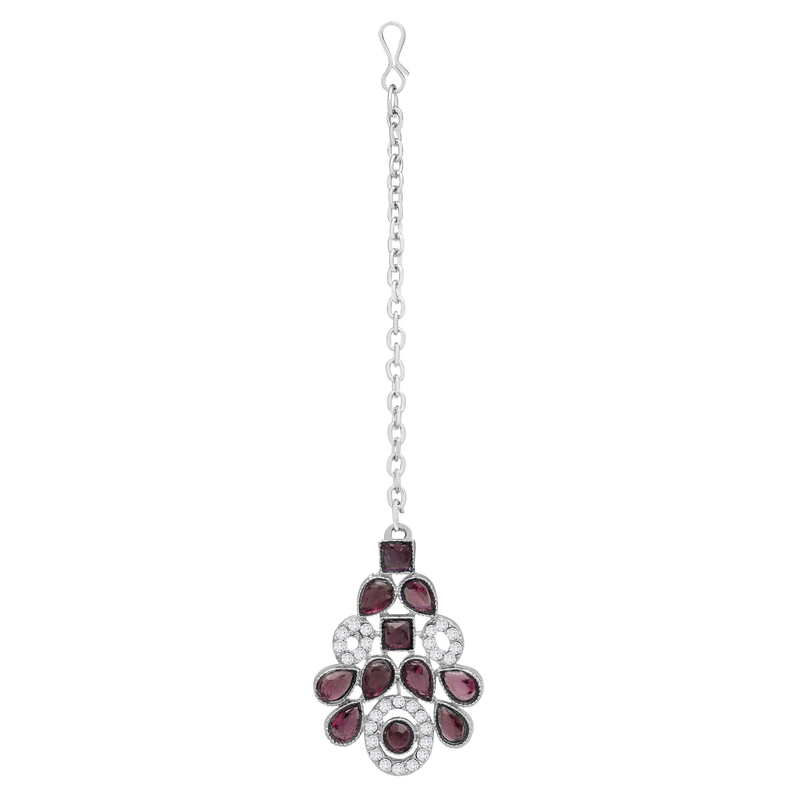 Colorstone Stone Necklace - Alloy, Necklace 22x2.5 Cm, Earrings 5x2.5 Cm, Maangtikka 11.5x2.5 Cm | Rani Pink, Silver Plated, Adjustable, Elegant For Weddings And Parties