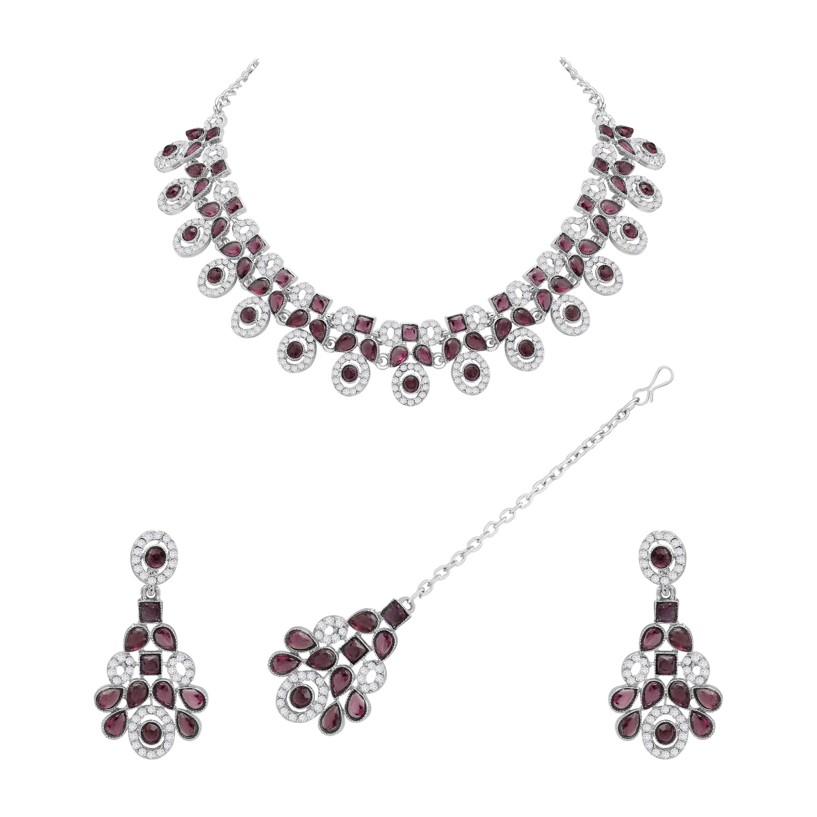 Colorstone Stone Necklace - Alloy, Necklace 22x2.5 Cm, Earrings 5x2.5 Cm, Maangtikka 11.5x2.5 Cm | Rani Pink, Silver Plated, Adjustable, Elegant For Weddings And Parties