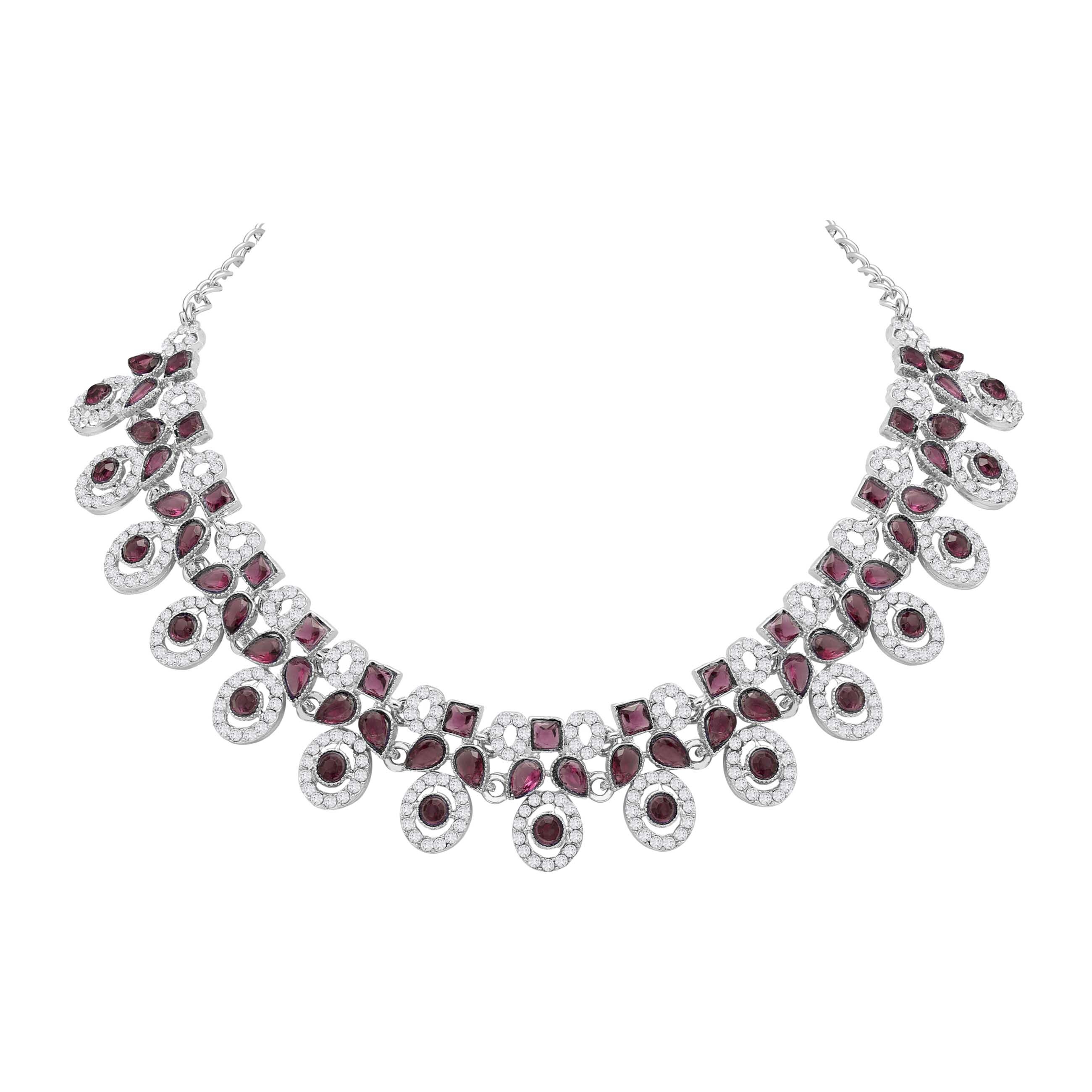 Colorstone Stone Necklace - Alloy, Necklace 22x2.5 Cm, Earrings 5x2.5 Cm, Maangtikka 11.5x2.5 Cm | Rani Pink, Silver Plated, Adjustable, Elegant For Weddings And Parties