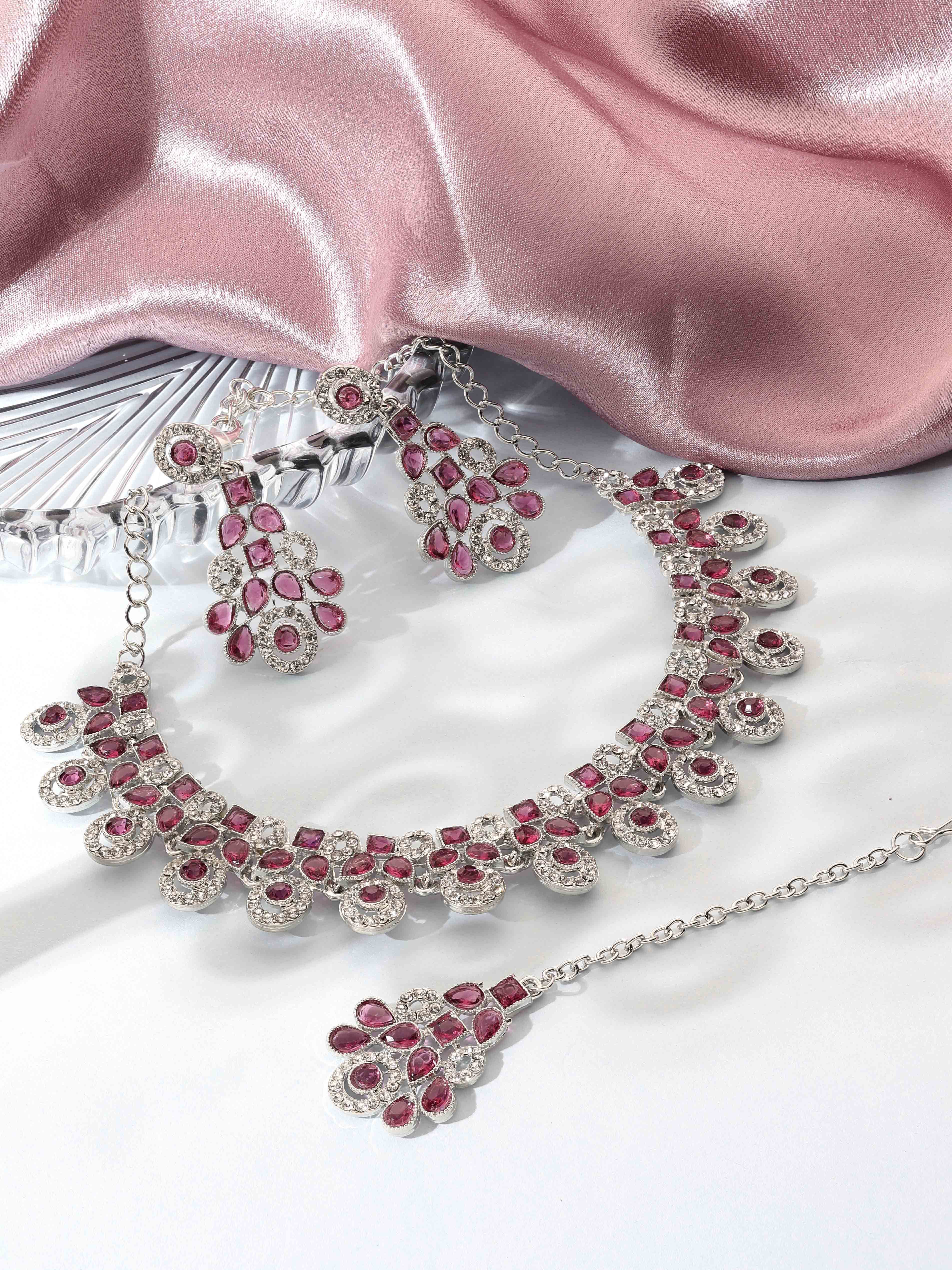 Colorstone Stone Necklace - Alloy, Necklace 22x2.5 Cm, Earrings 5x2.5 Cm, Maangtikka 11.5x2.5 Cm | Rani Pink, Silver Plated, Adjustable, Elegant For Weddings And Parties