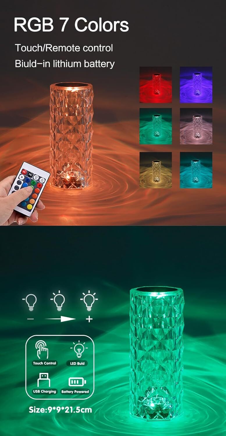 Crystal Touch Night Lamp - Eco-friendly Plexiglass, 10x8x2 Cm | 3d Rose Design, Remote Control, Adjustable Brightness, Romantic Ambient Light