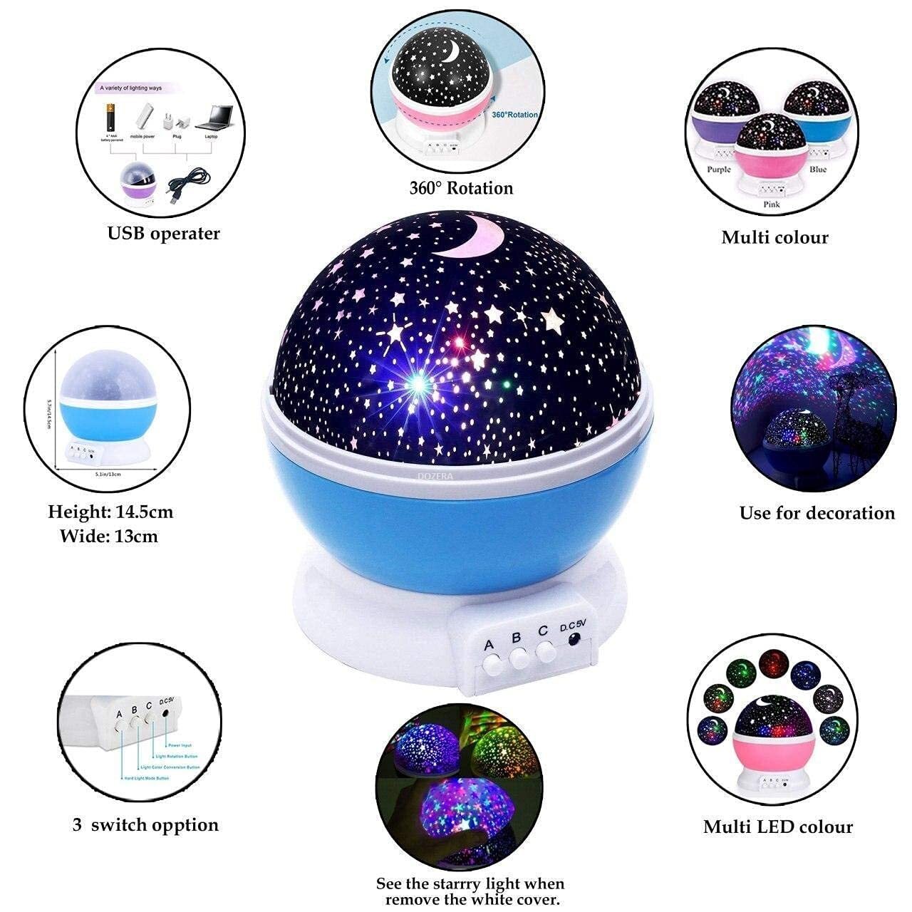 Star Master Rotating Projector Night Lamp - Plastic Material, Colorful Star And Moon Projection | 3 Working Modes For Cozy Nightlight, Ideal For Kids And Romantic Settings