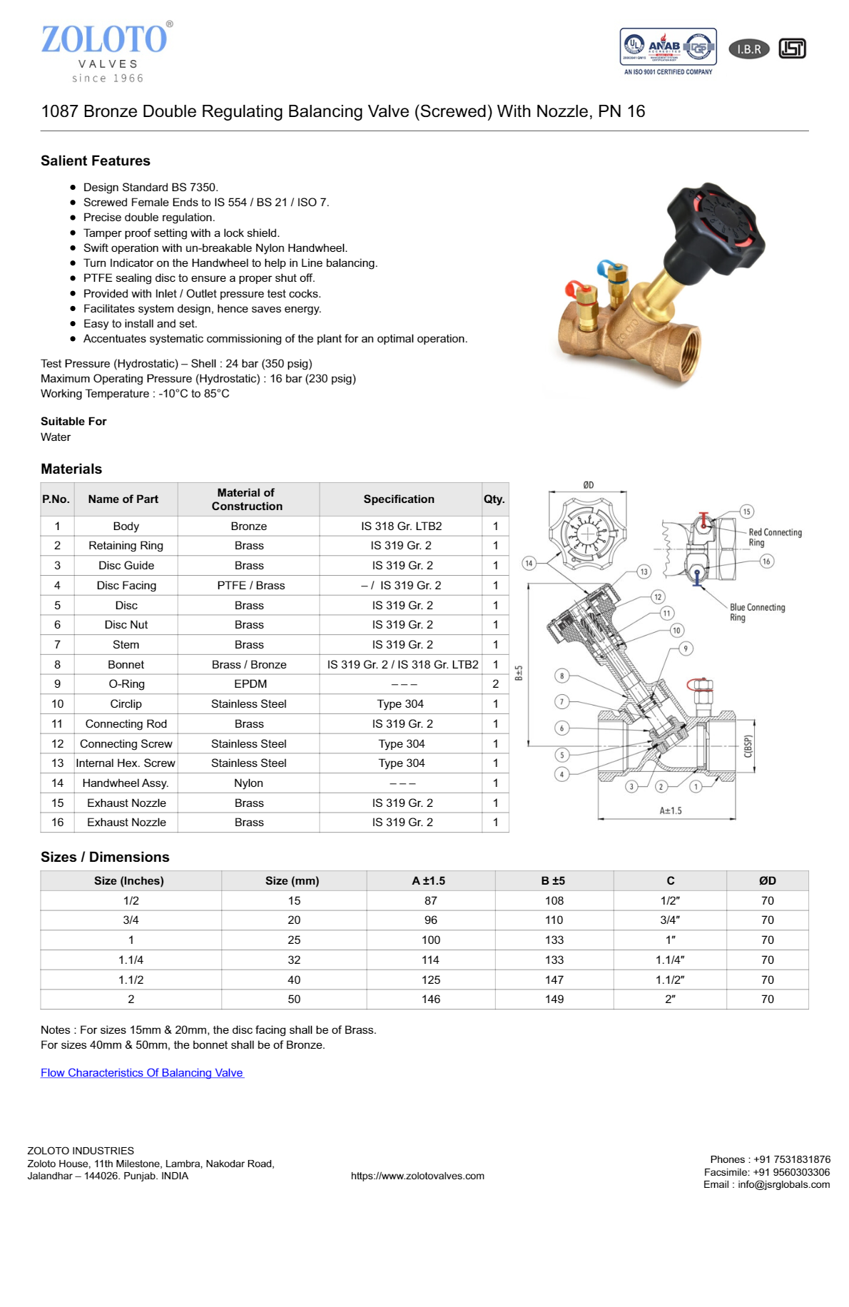 Zoloto Bronze Balancing Valve - Application: Industrial
