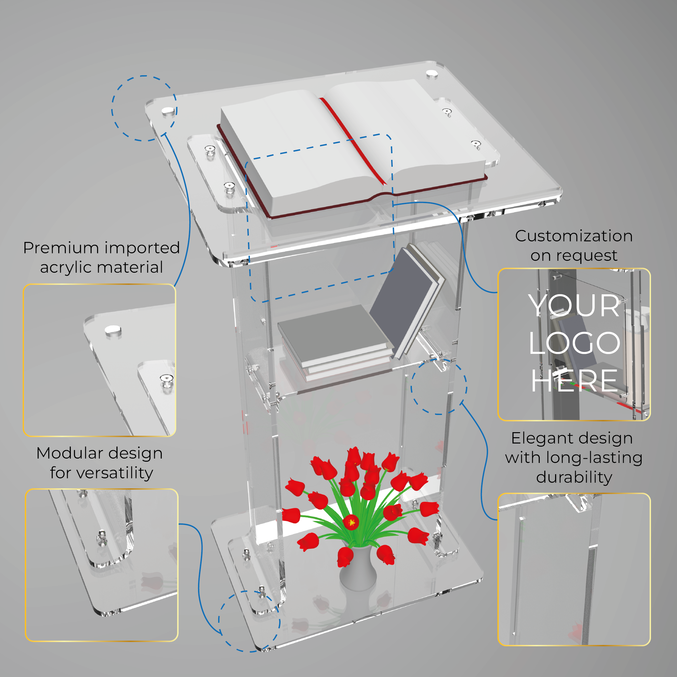 Acrylic Podium - Frosted Look Front Panel, Red Led Light Base For Enhanced Visibility