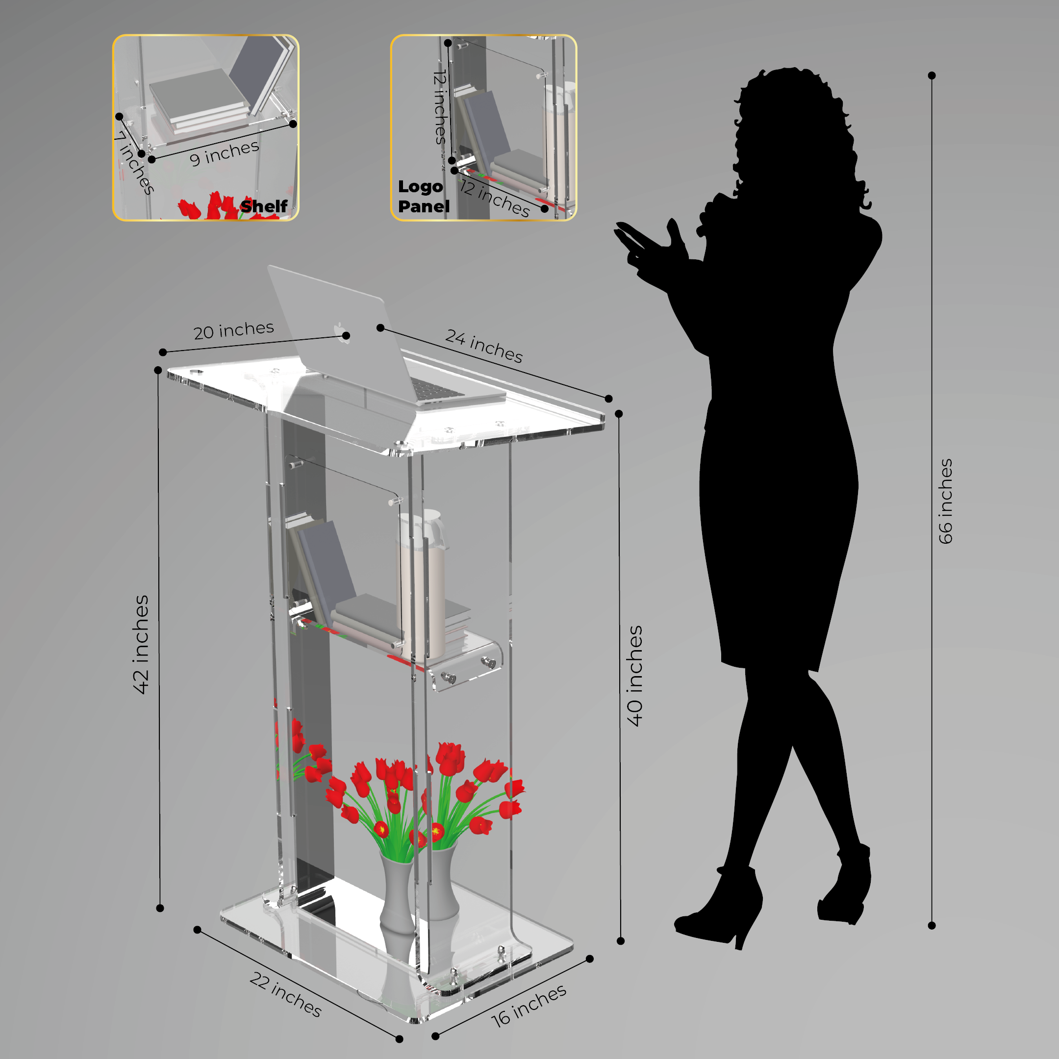 Acrylic Podium - Frosted Look Front Panel, Red Led Light Base For Enhanced Visibility
