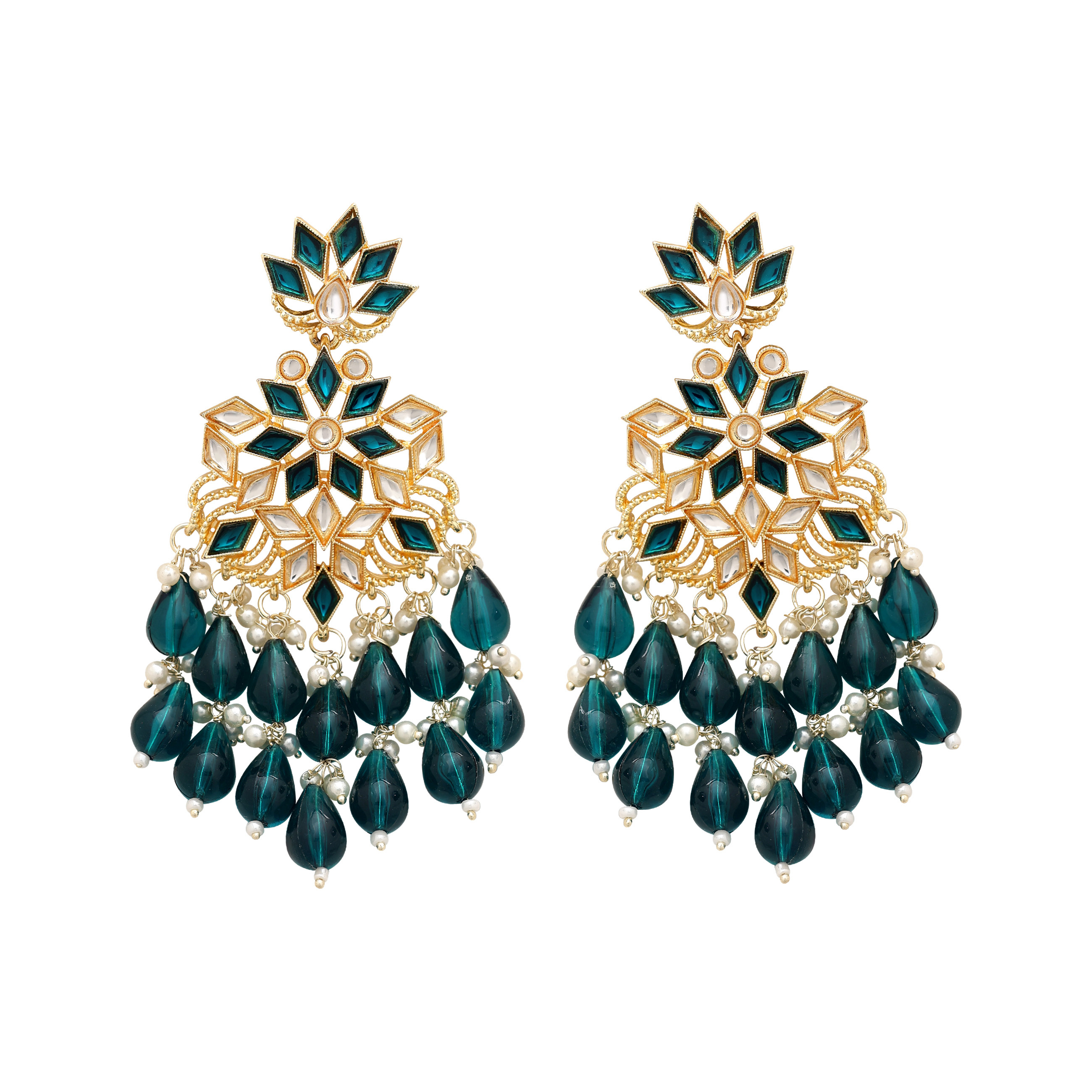 Traditional Earring | Wedding Earring | Beaded Earring | Party Wear | Gift For Her | Kundan Earring For Women - Alloy, 10x4 Cm, Acqua Color, Gold Plated, Channel Setting, Intricate Kundan Work With Sparkling Stones And Pearls