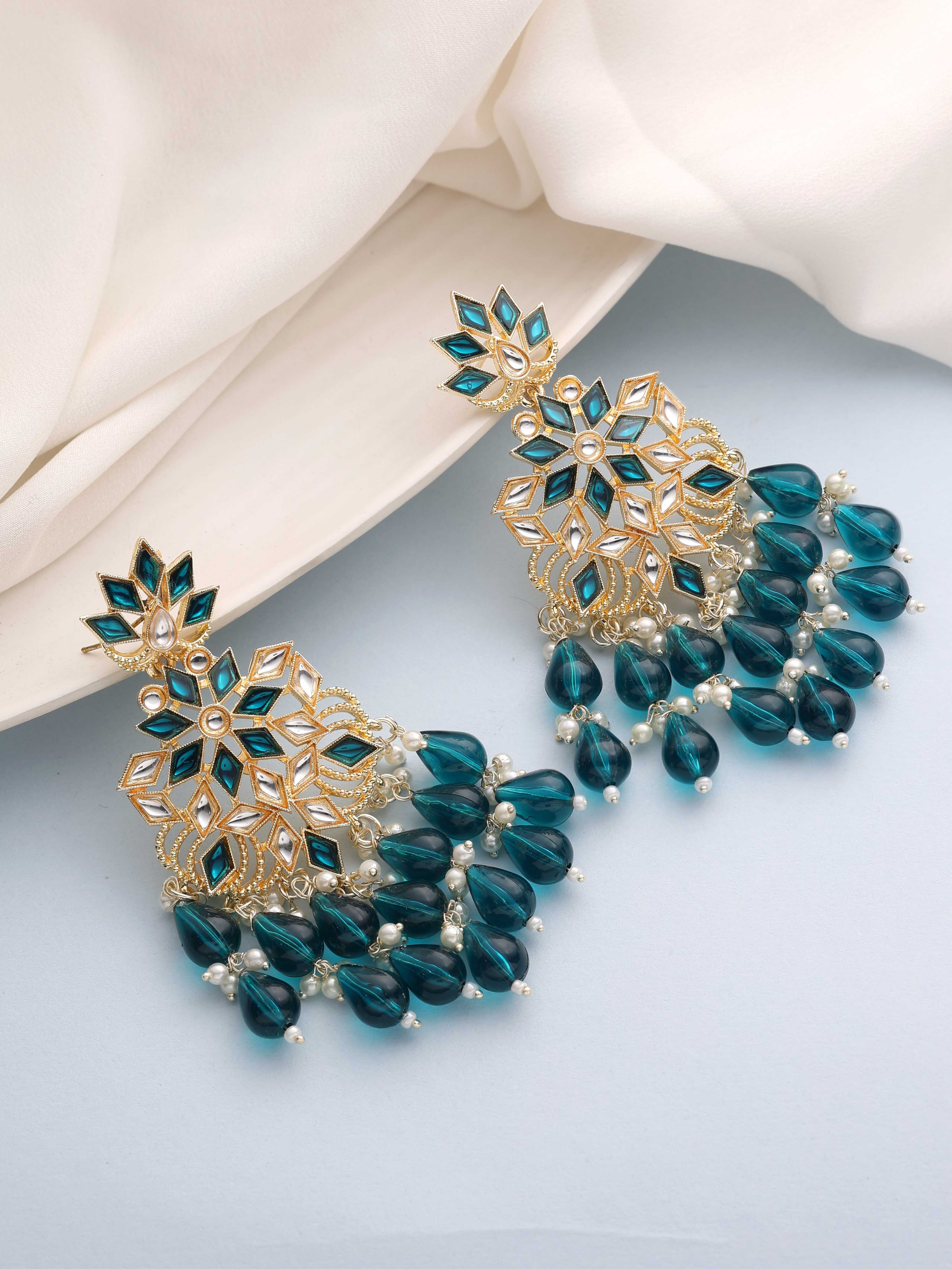 Traditional Earring | Wedding Earring | Beaded Earring | Party Wear | Gift For Her | Kundan Earring For Women - Alloy, 10x4 Cm, Acqua Color, Gold Plated, Channel Setting, Intricate Kundan Work With Sparkling Stones And Pearls