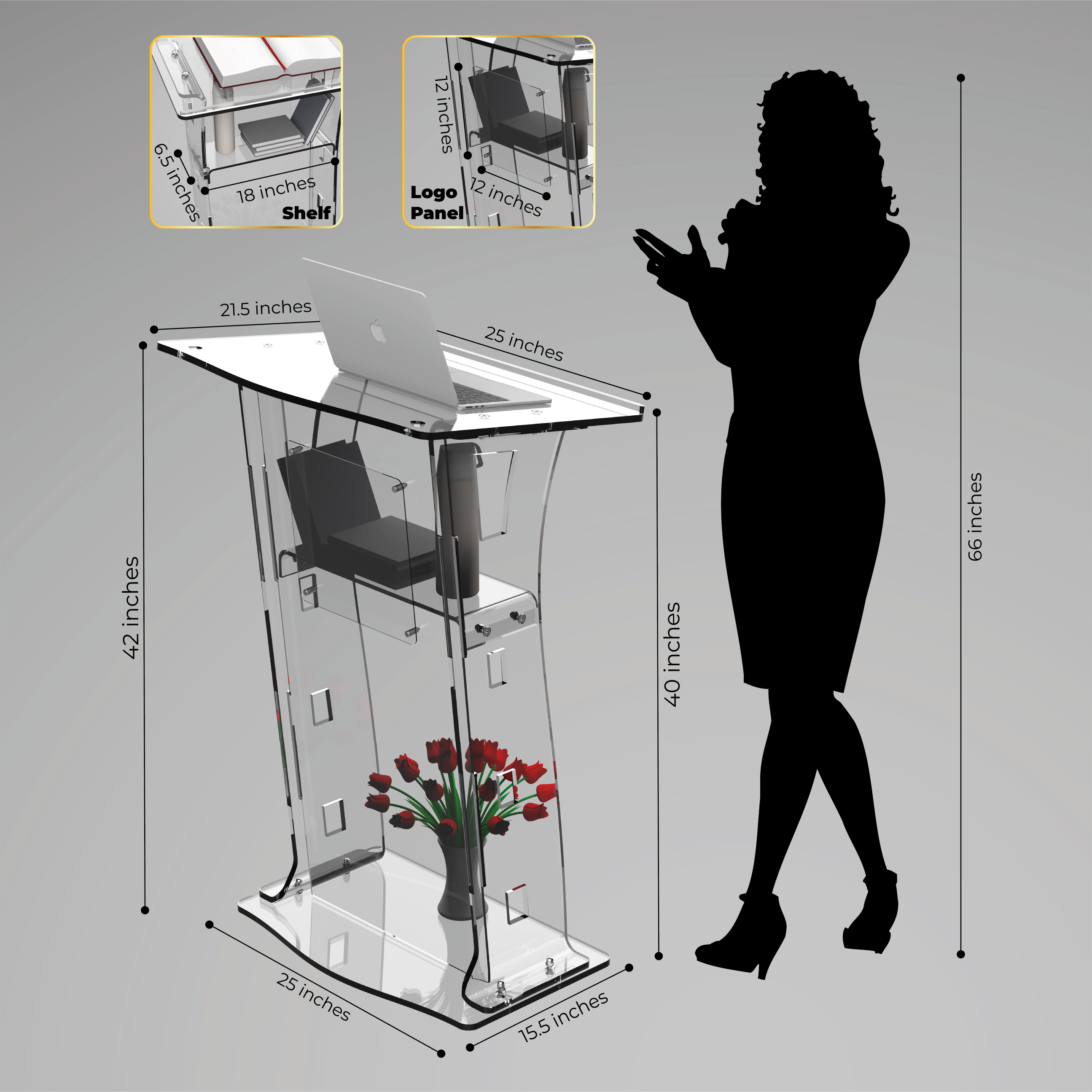 Acrylic Podium - Frosted Look Front Panel, White Led Light Base For Enhanced Visibility