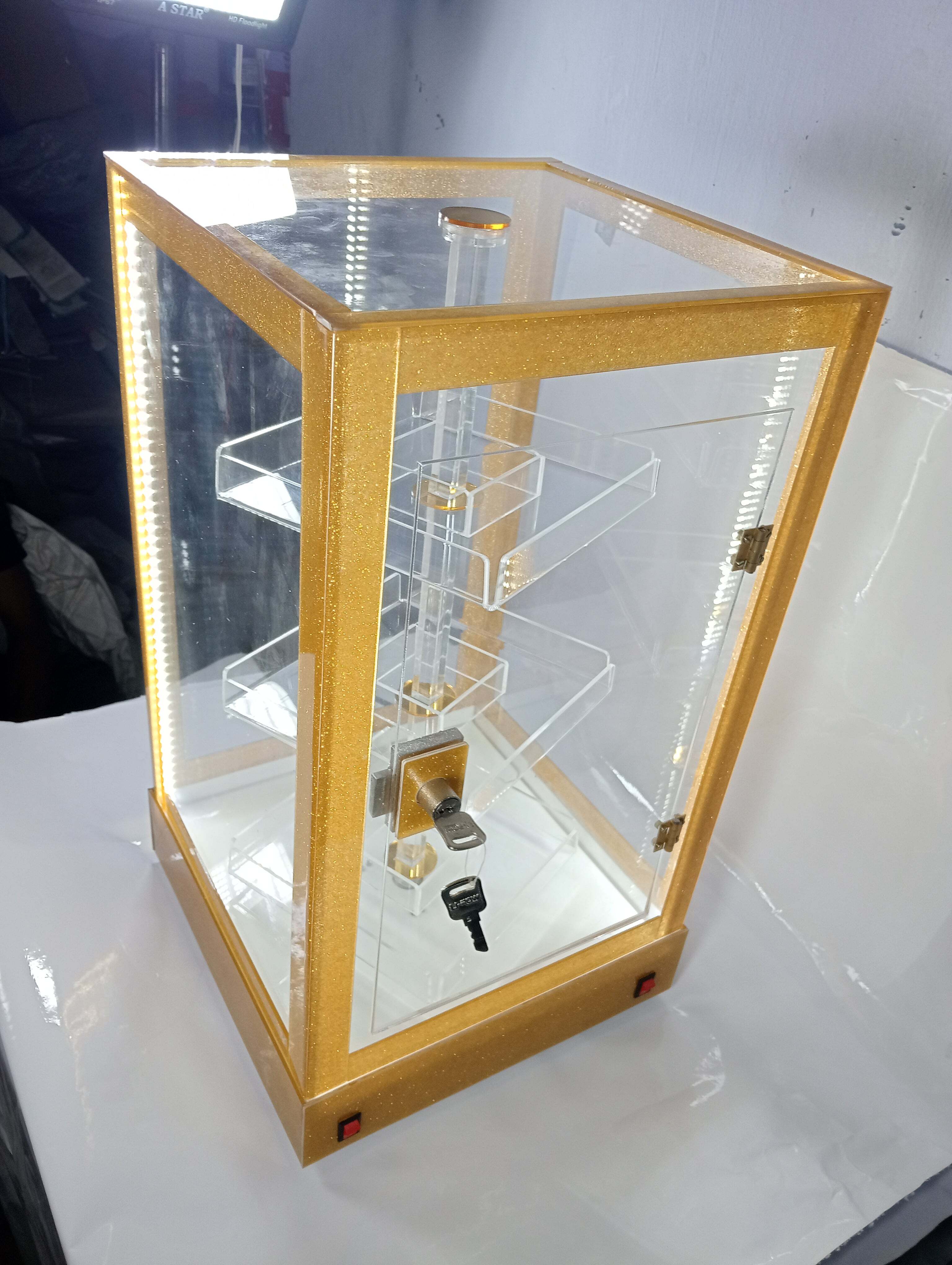 Acrylic Display Showcase - Clear And Milky 4mm/3mm Thickness, 400mm Diameter X 700mm Height Hexagonal Design, Top Light With Dual Switches