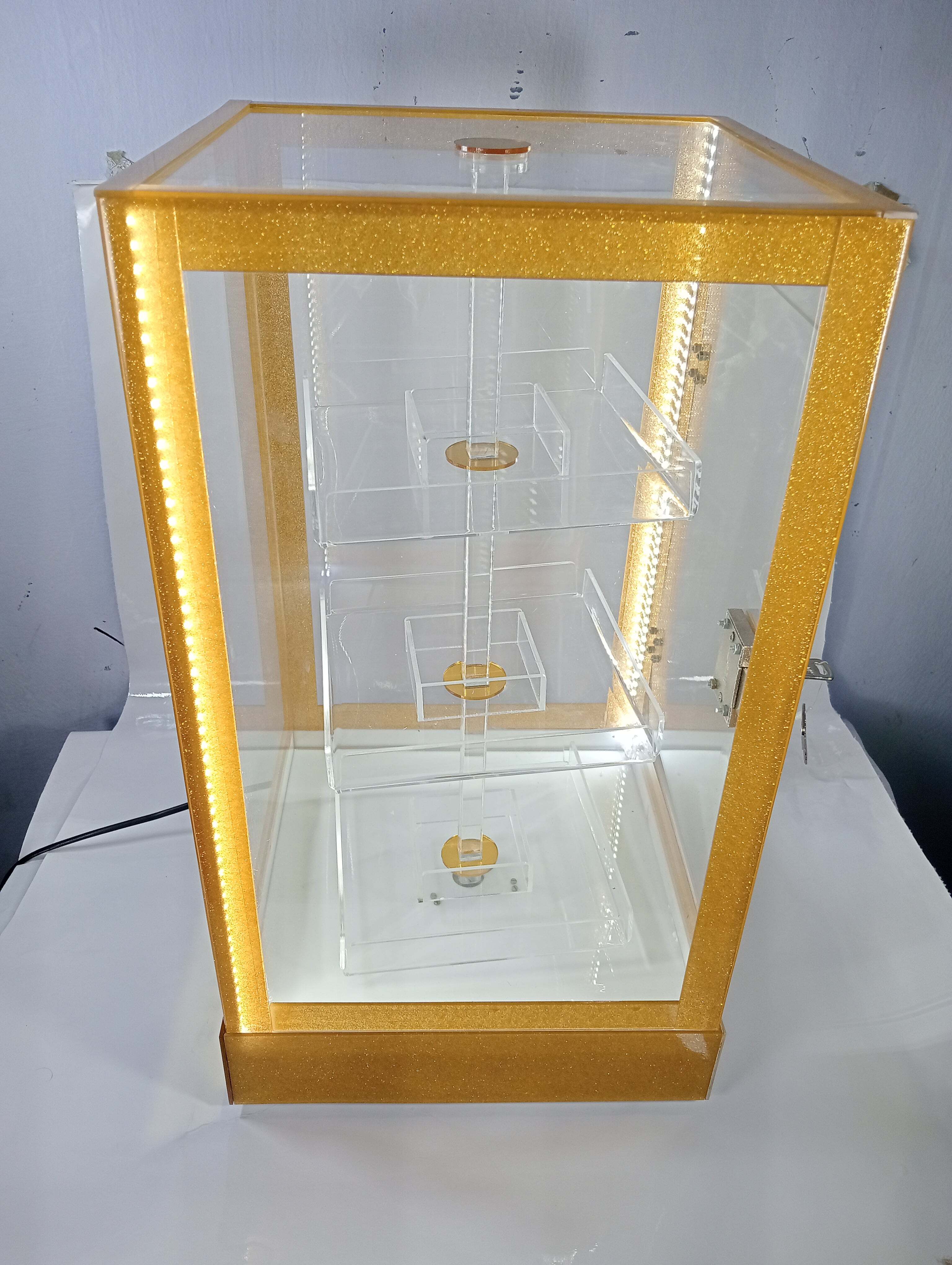 Acrylic Display Showcase - Clear And Milky 4mm/3mm Thickness, 400mm Diameter X 700mm Height Hexagonal Design, Top Light With Dual Switches