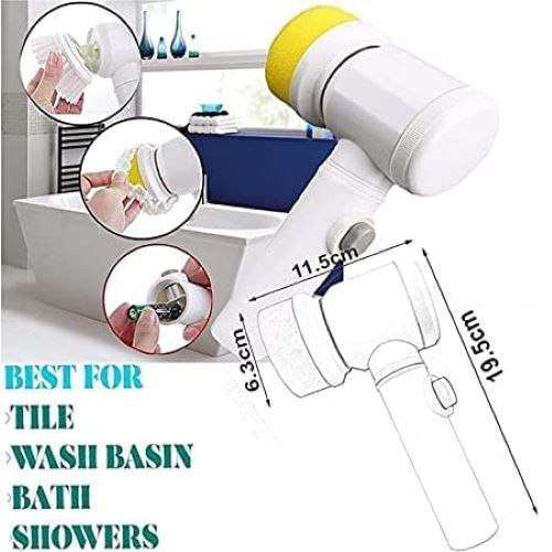 5 In 1 Magic Brush - Plastic 15x12x10 Cm | Cordless Household Power Scrubber Waterproof 3 Interchangeable Brush Heads Multi-functional Cleaning Tool