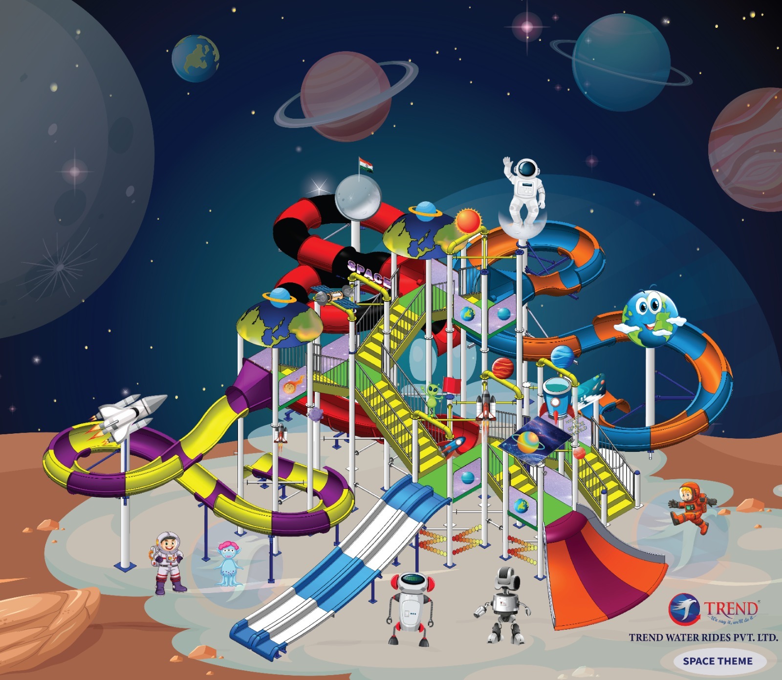 Space Theme Water Structure - Frp & Gi Materials, Customizable Dimensions & Colors | Interactive Water Play System With Tipping Buckets, Water Sprays, And Space-themed Elements