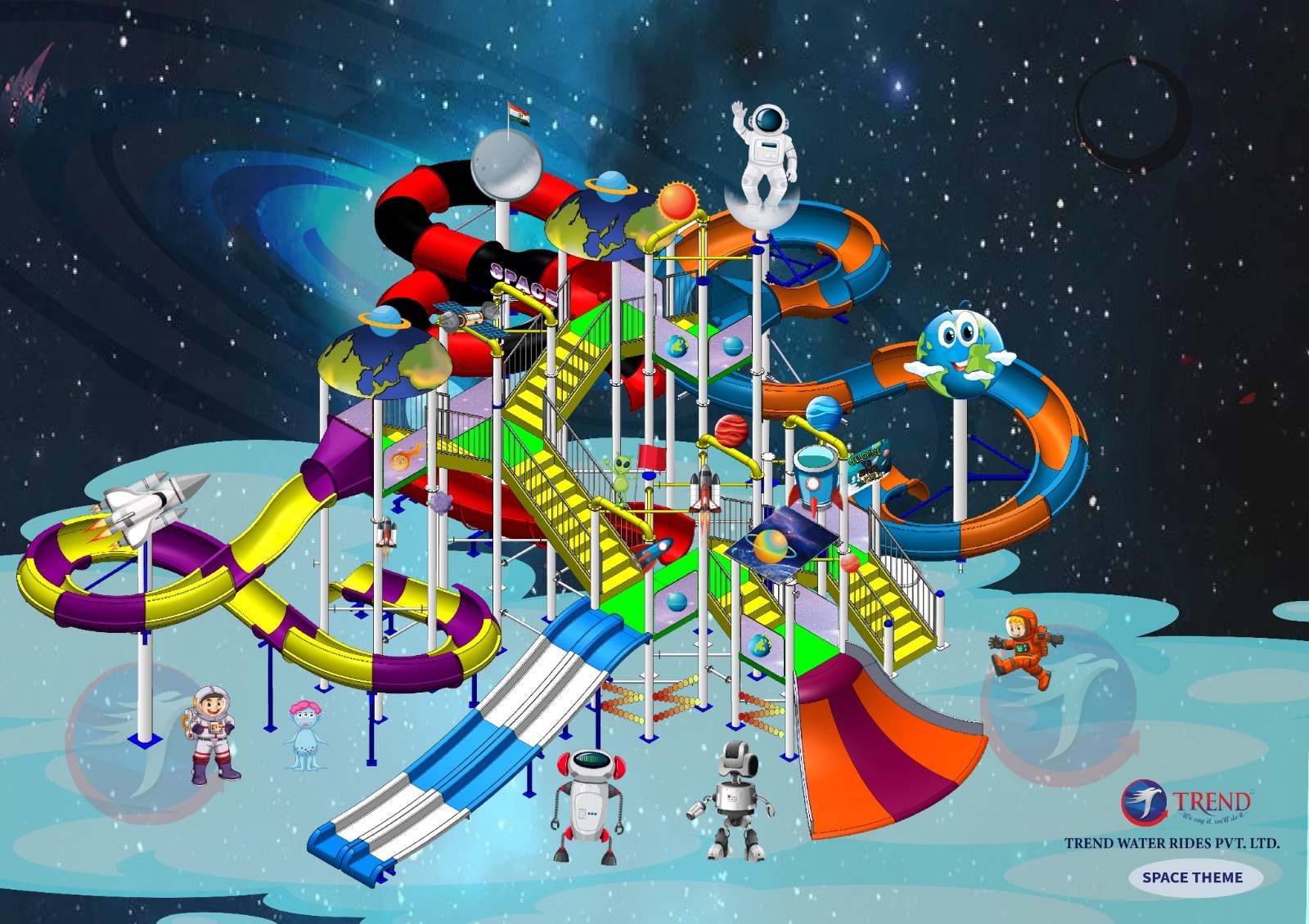 Space Theme Water Structure - Frp & Gi Materials, Customizable Dimensions & Colors | Interactive Water Play System With Tipping Buckets, Water Sprays, And Space-themed Elements