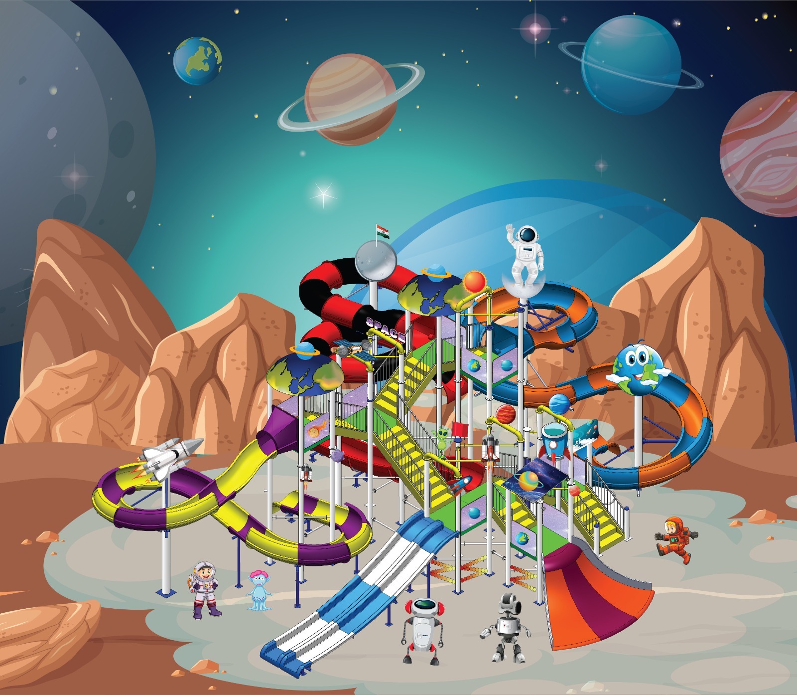 Space Theme Water Structure - Frp & Gi Materials, Customizable Dimensions & Colors | Interactive Water Play System With Tipping Buckets, Water Sprays, And Space-themed Elements