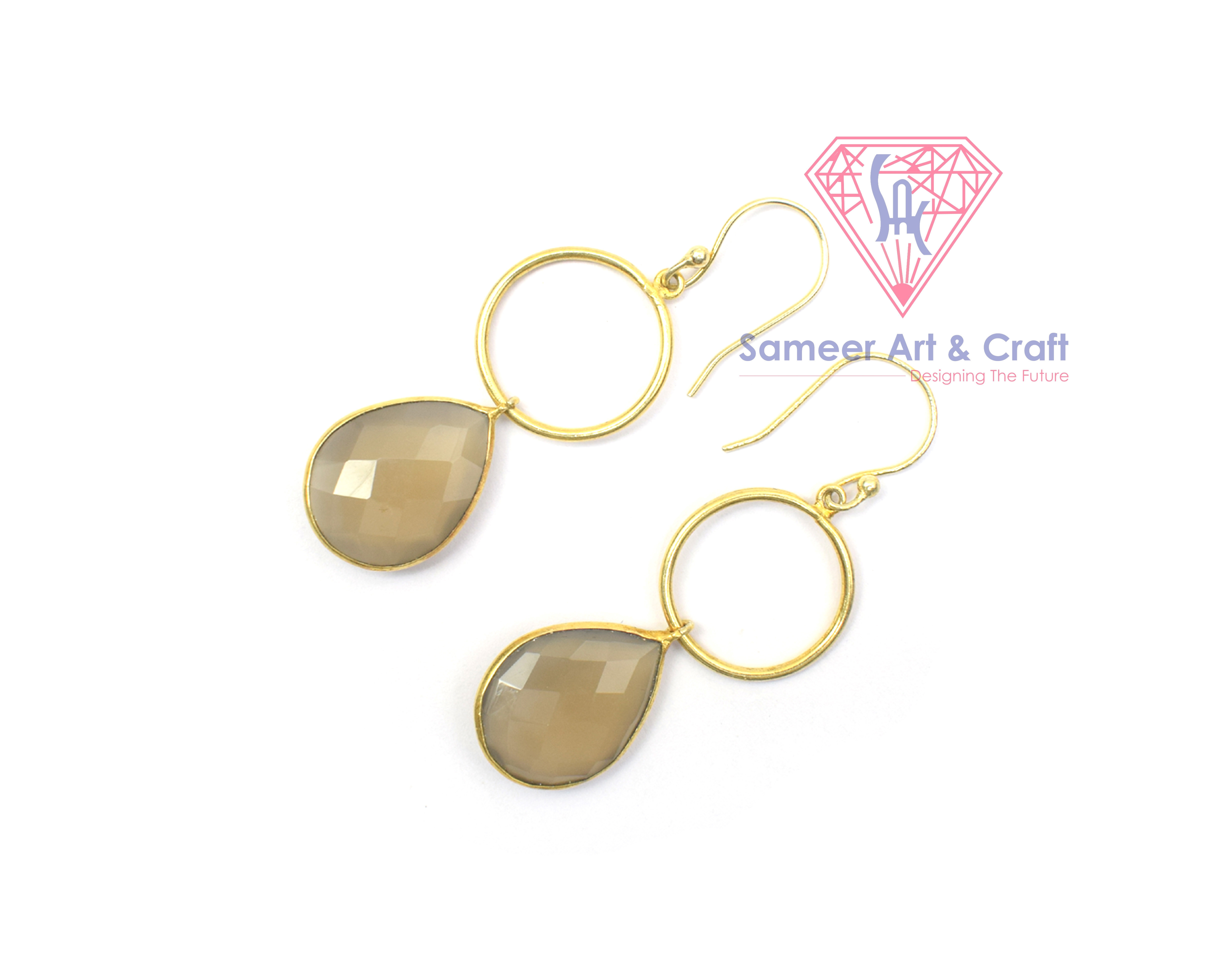 Gray Chalcedony Gemstone With 18k Gold Plated Handmade Fashion Hoop Earrings - Shape: Pear