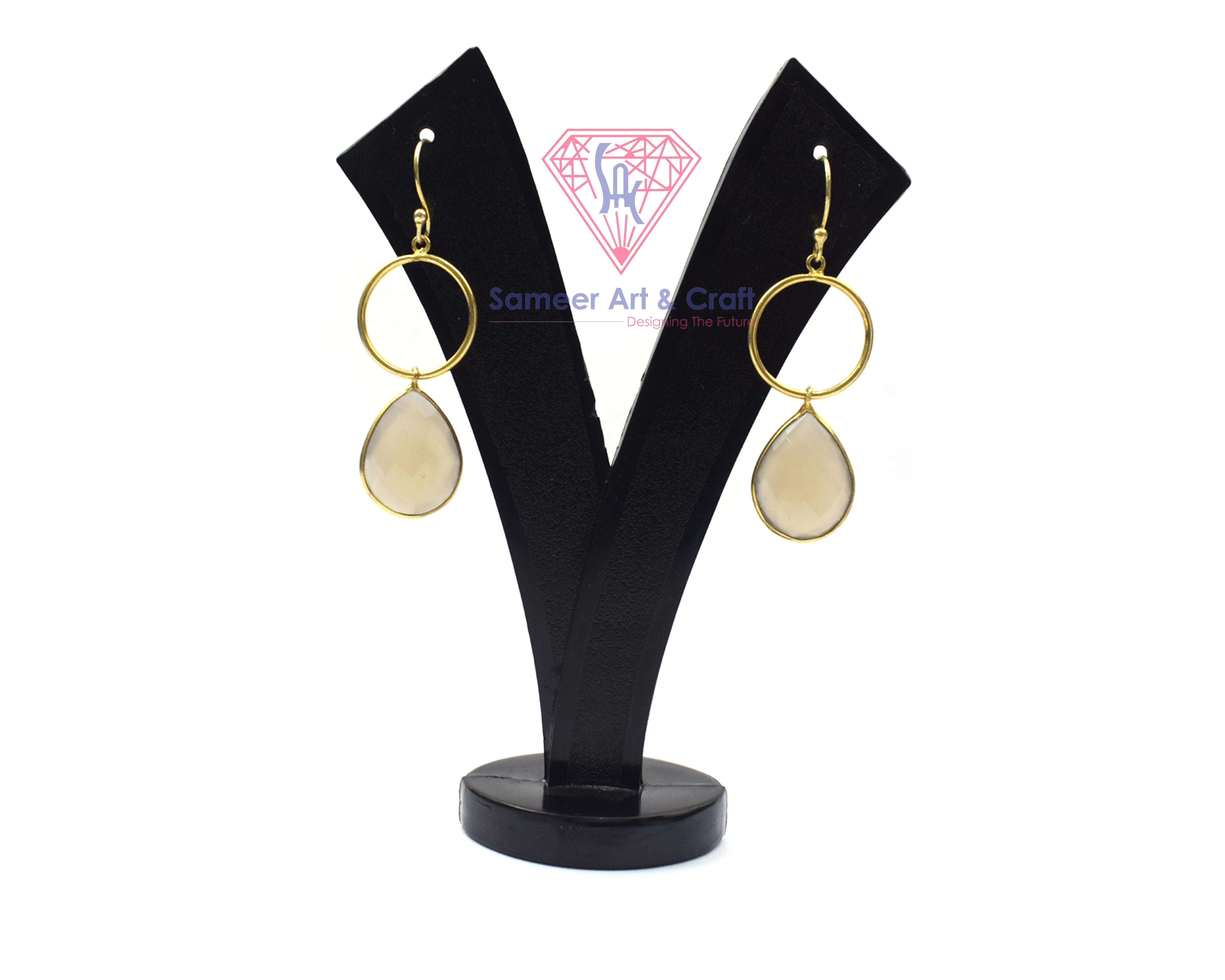 Gray Chalcedony Gemstone With 18k Gold Plated Handmade Fashion Hoop Earrings - Shape: Pear