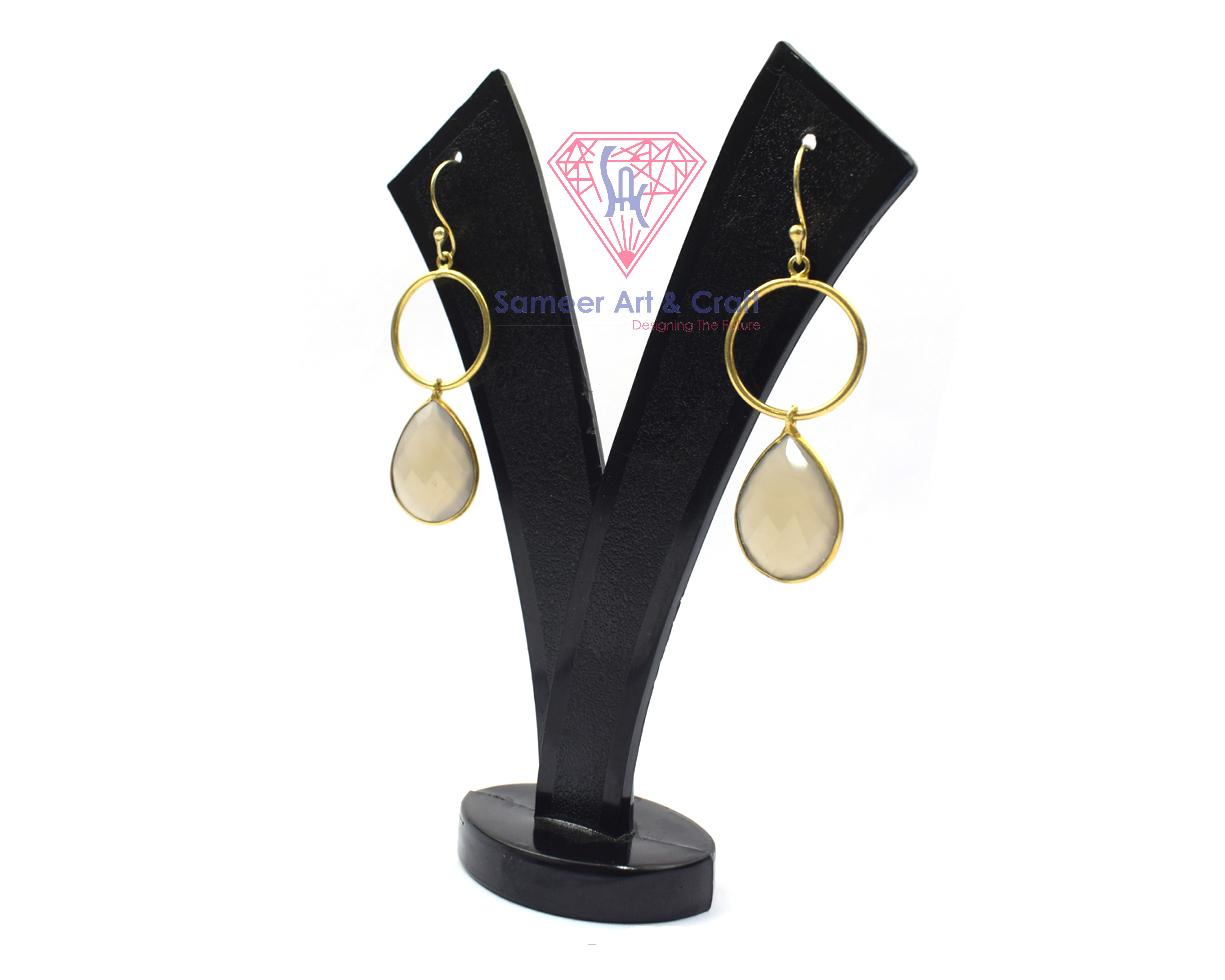 Gray Chalcedony Gemstone With 18k Gold Plated Handmade Fashion Hoop Earrings - Shape: Pear