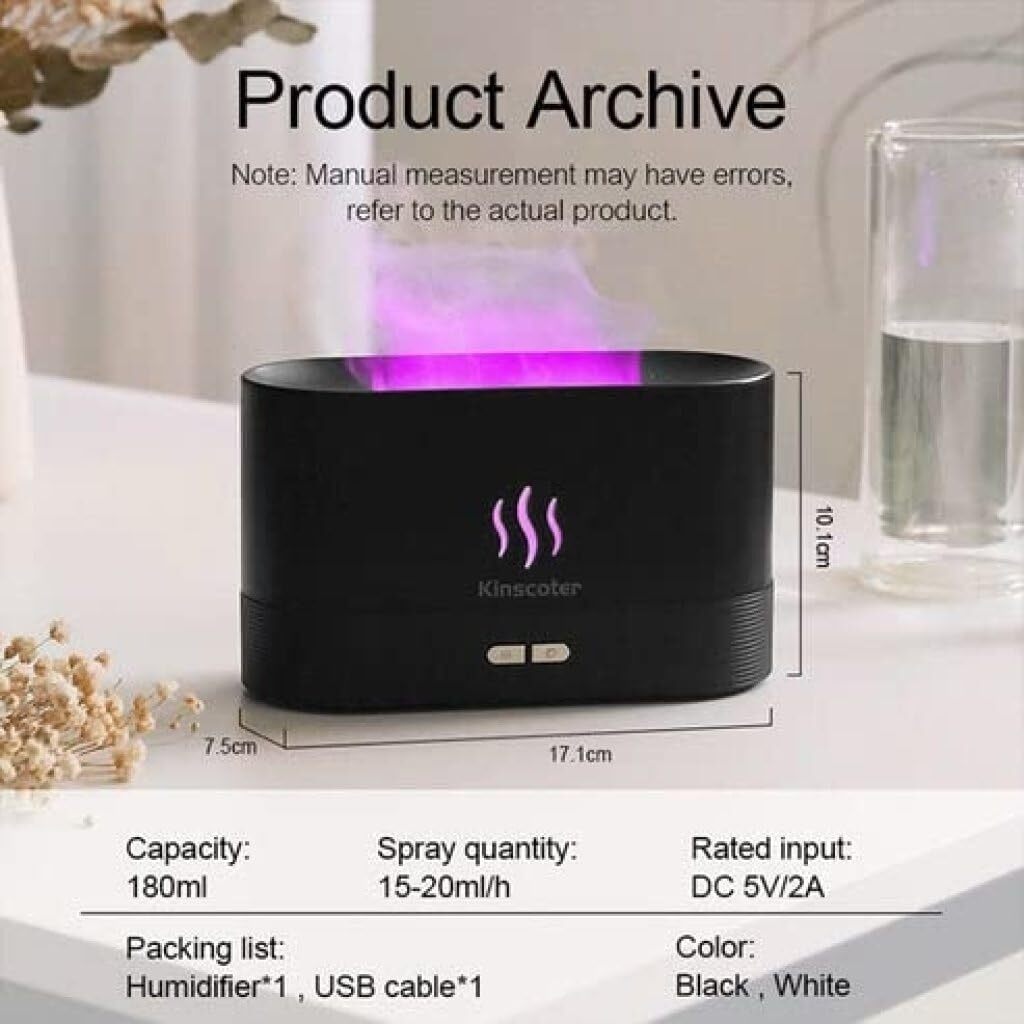 Flame Humidifier - 180ml Capacity, 15x5x10 Cm | Retro 7-color Light, Ultrasonic Aromatherapy Diffuser With Flame Effect, Ultra-quiet Operation