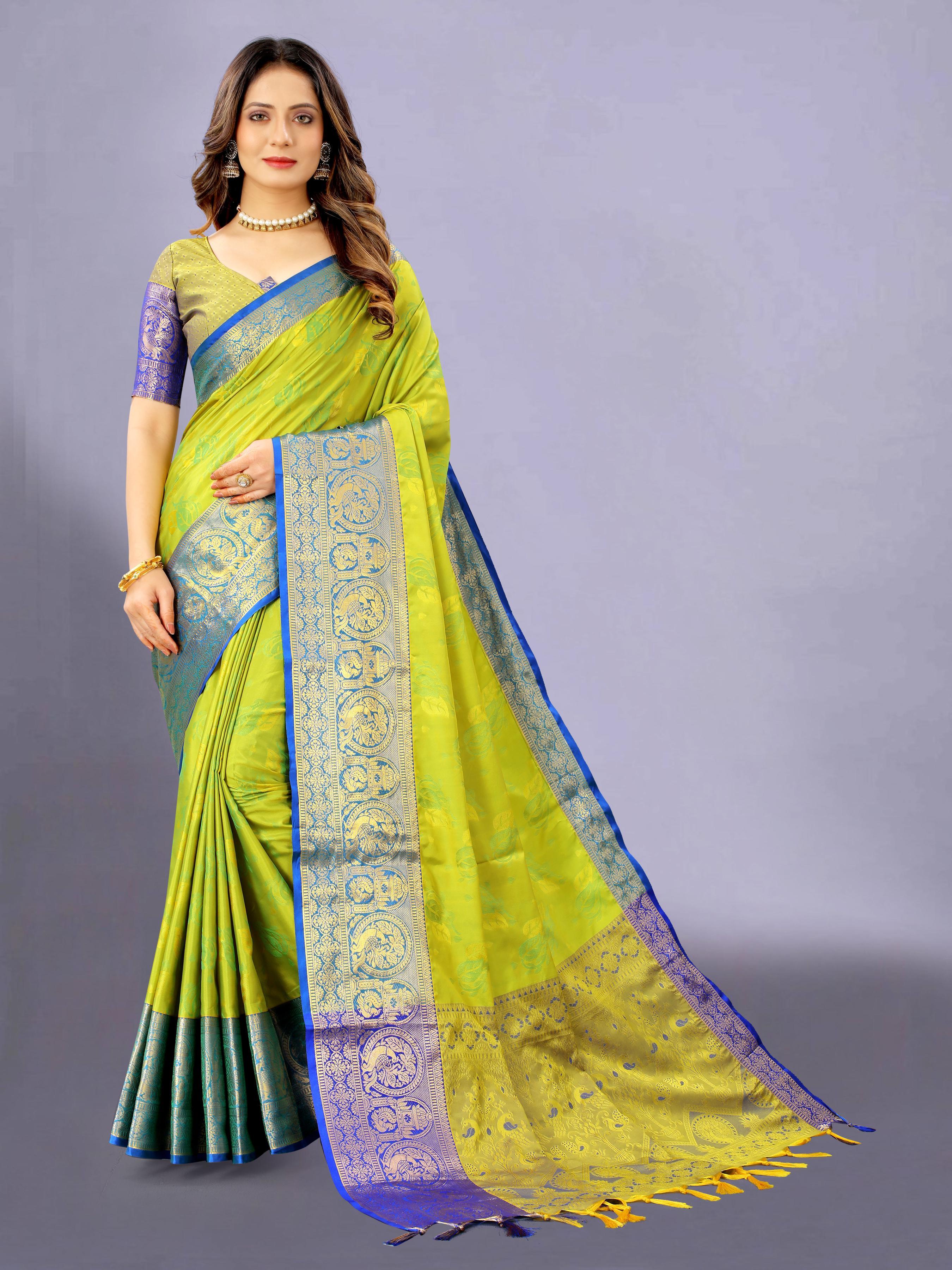 Cotton Silk Saree - 5/5 Mtr Length, Green & Multicolor Soft Kanjivaram Rich Pallu With Self Jacquard Weaving, Ethnic Style With Zari Work