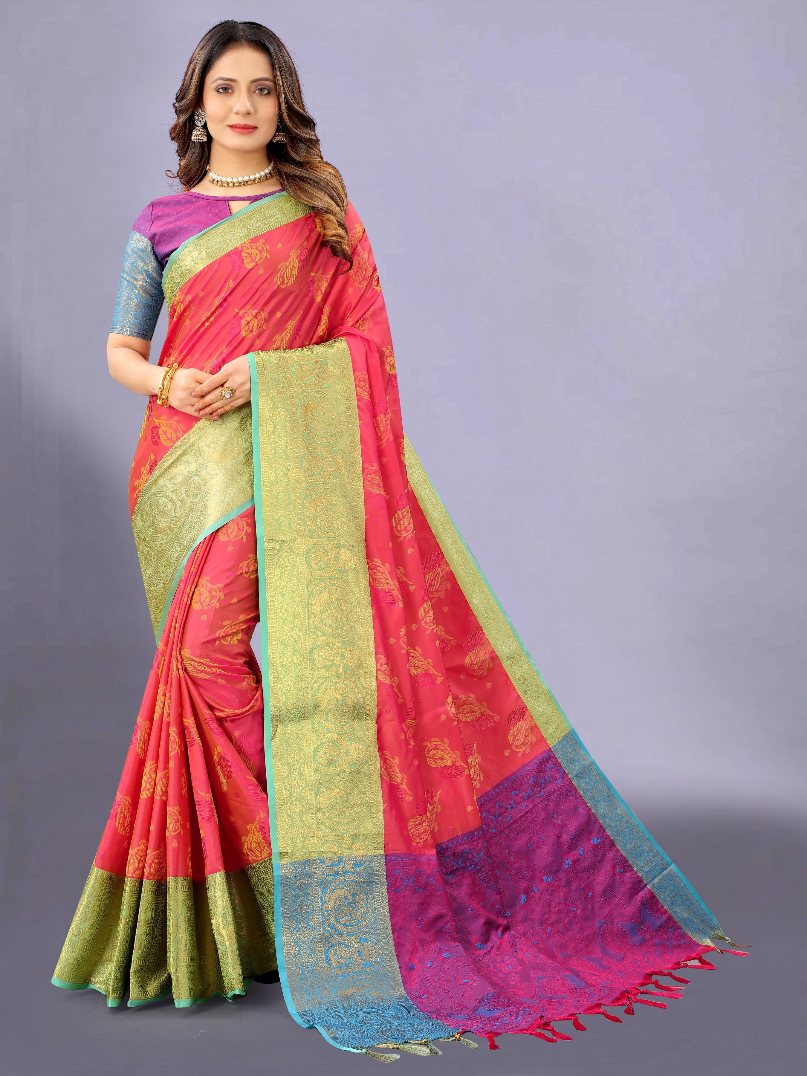 Cotton Silk Saree - 5/5 Mtr Length, Green & Multicolor Soft Kanjivaram Rich Pallu With Self Jacquard Weaving, Ethnic Style With Zari Work