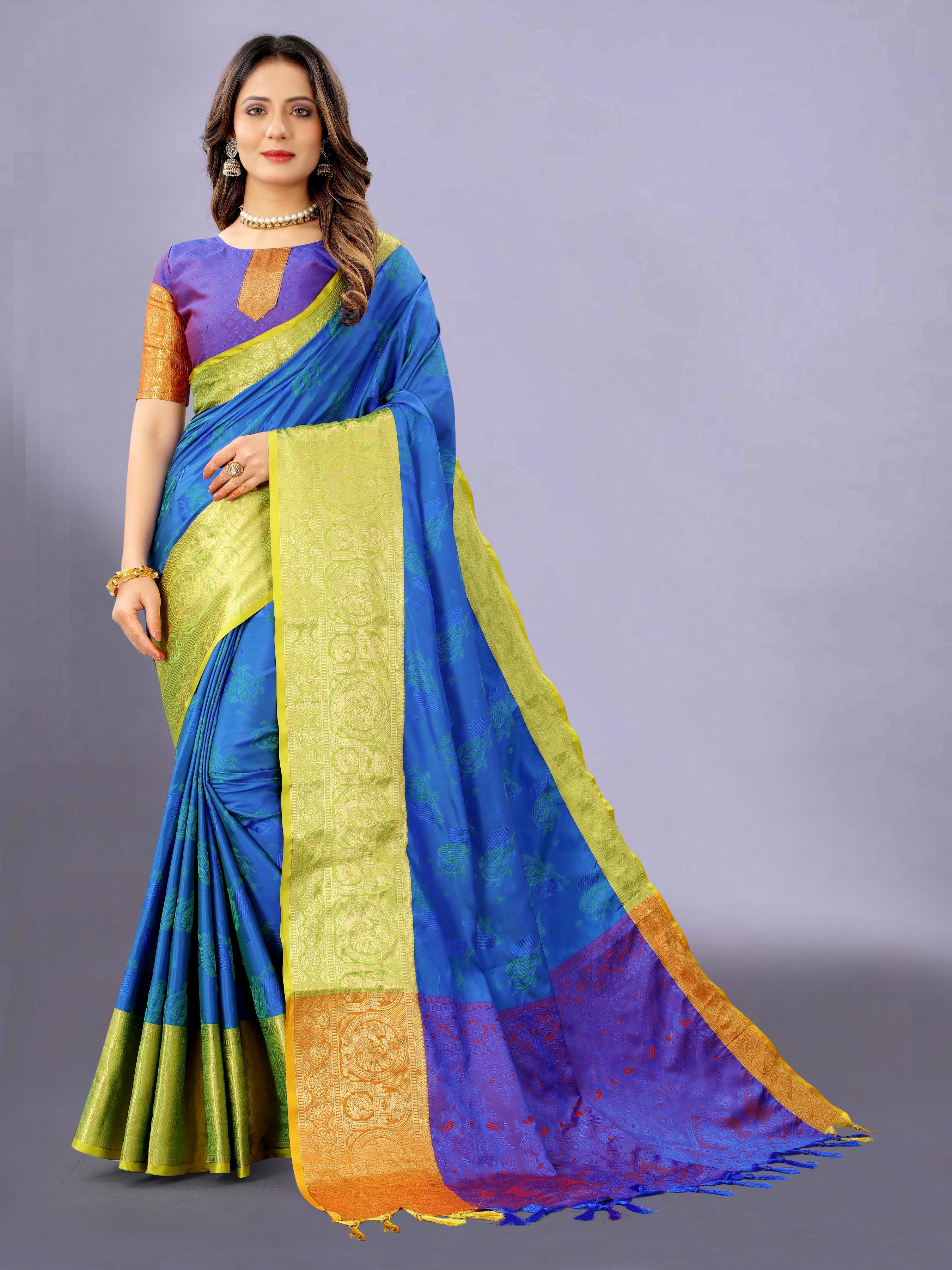 Cotton Silk Saree - 5/5 Mtr Length, Green & Multicolor Soft Kanjivaram Rich Pallu With Self Jacquard Weaving, Ethnic Style With Zari Work