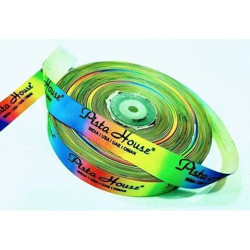 Printed Satin Ribbons - Customizable Width & Length, Multi-color Gradient Design With Text, Durable Satin Weave, Easy Care Handling