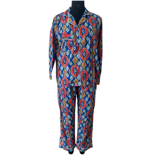 Ladies Full Night Suit - Cotton Size M/l Blue Printed Pattern | Full Sleeves Soft Wash Technique For Ultimate Comfort