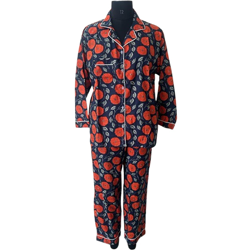 Ladies Full Night Suit - Cotton Size M/l Blue Printed Pattern | Full Sleeves Soft Wash Technique For Ultimate Comfort
