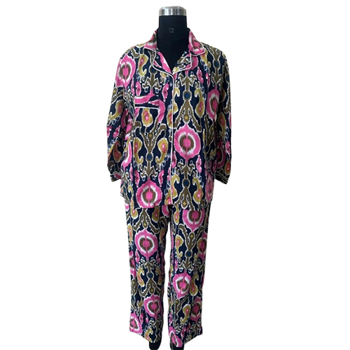 Ladies Full Night Suit - Cotton Size M/l Blue Printed Pattern | Full Sleeves Soft Wash Technique For Ultimate Comfort