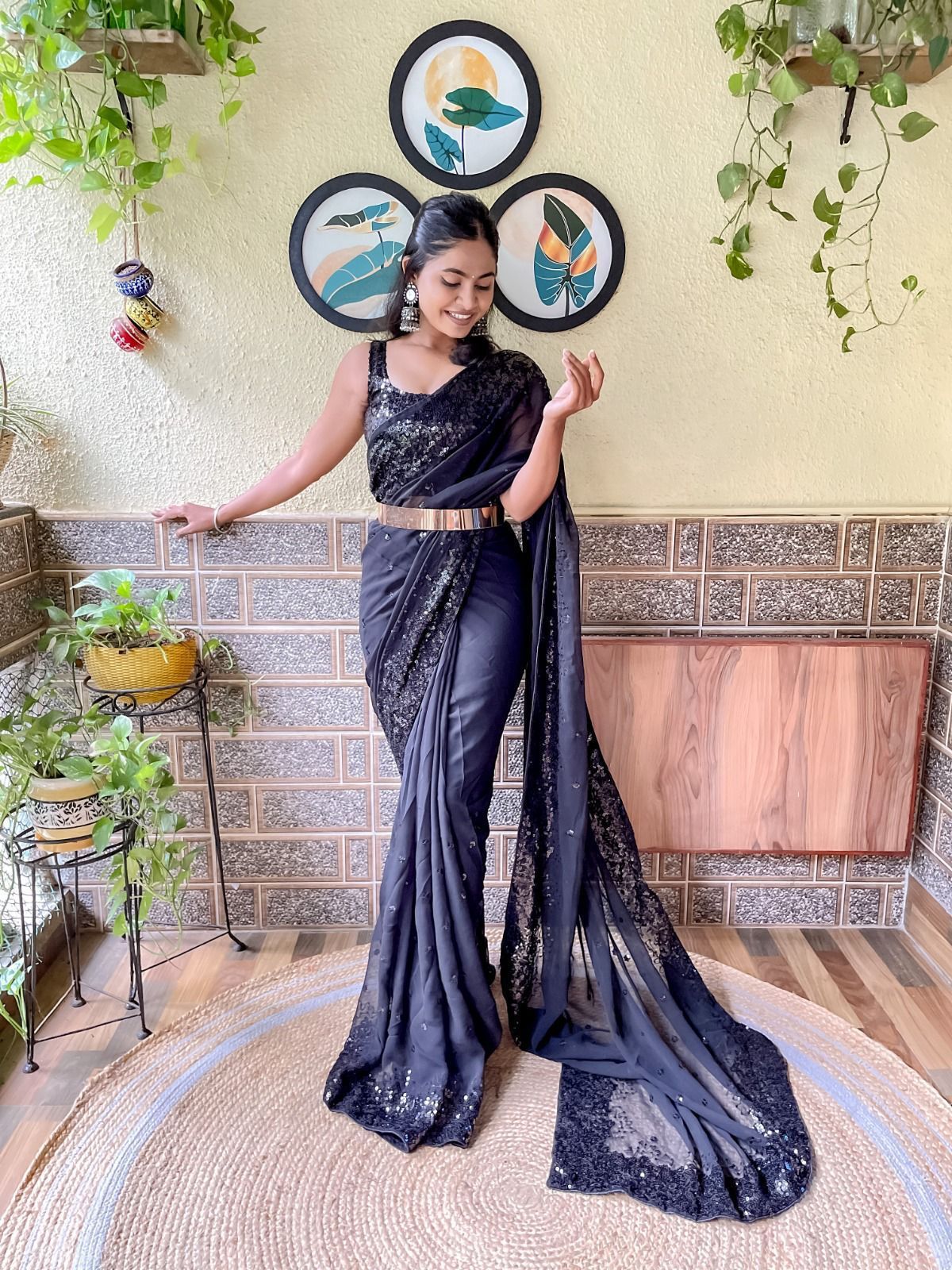 Georgette Sequins Saree - Color: Varied