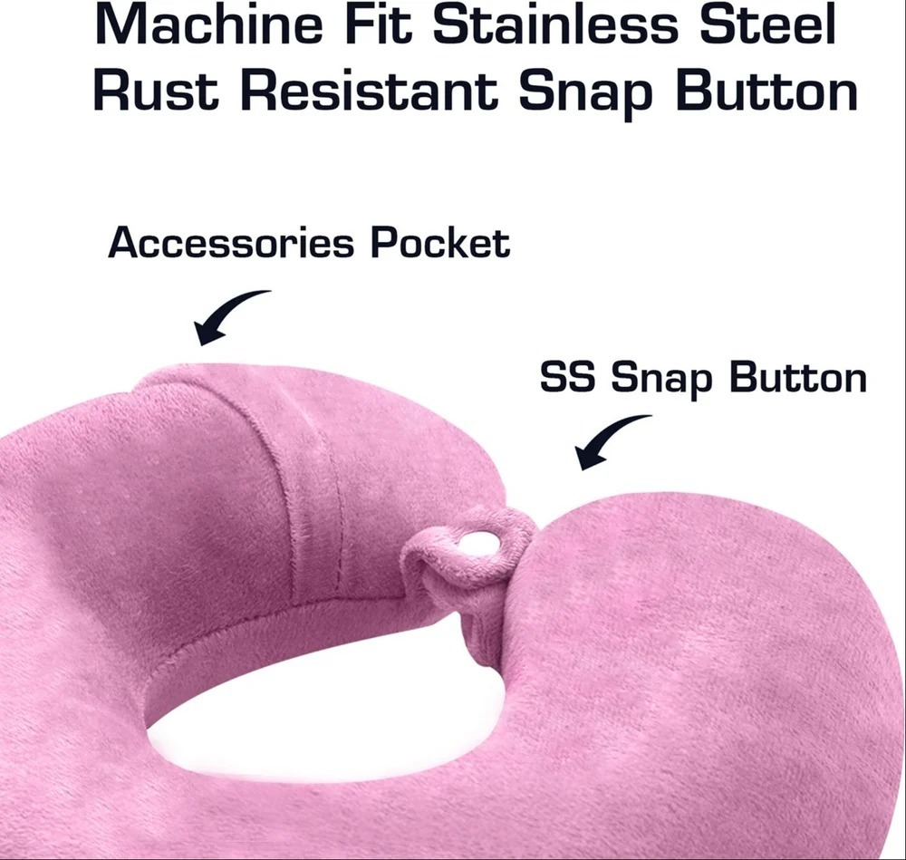 Travel Neck Pillow U-shaped In Polyester With Microfiber Filling - Mix Colour, Plain Dyed Cover Style, Snap-on Button For Easy Attachment