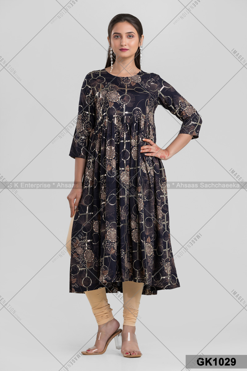 Rayon Cotton Nyra Cut Kurti With Sequin Works Gk1029